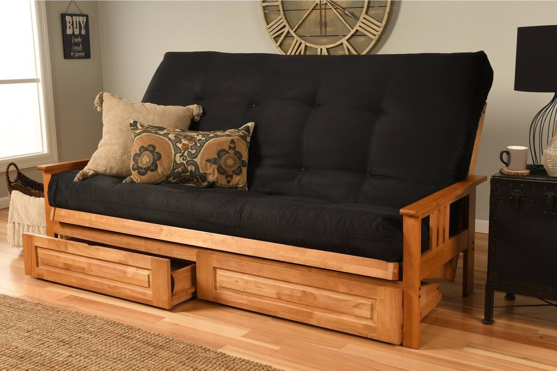 Need storage? Scout for a futon style convertible queen bed with drawers