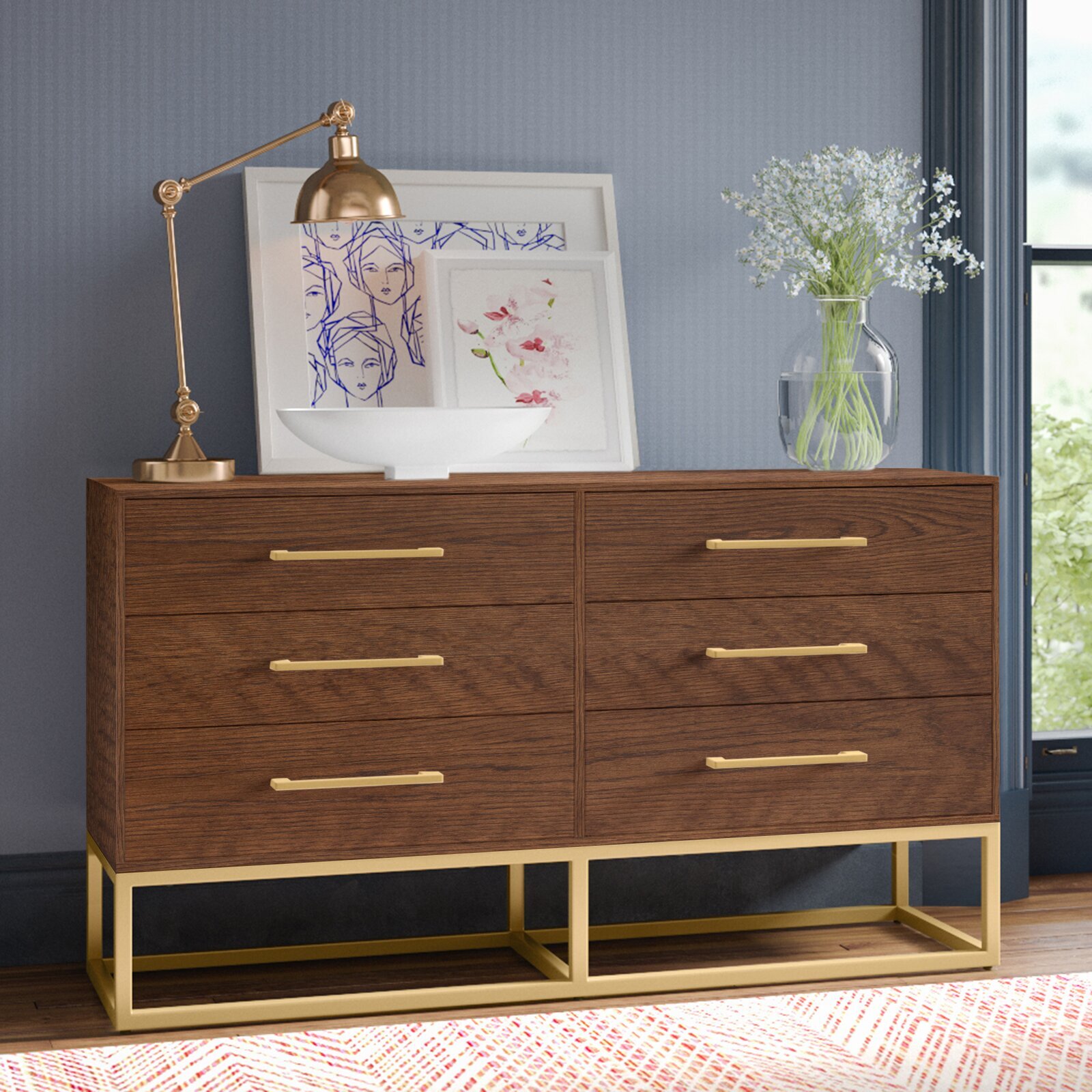 Oak Veneer Living Room Chest of Drawers With Brass Hardware