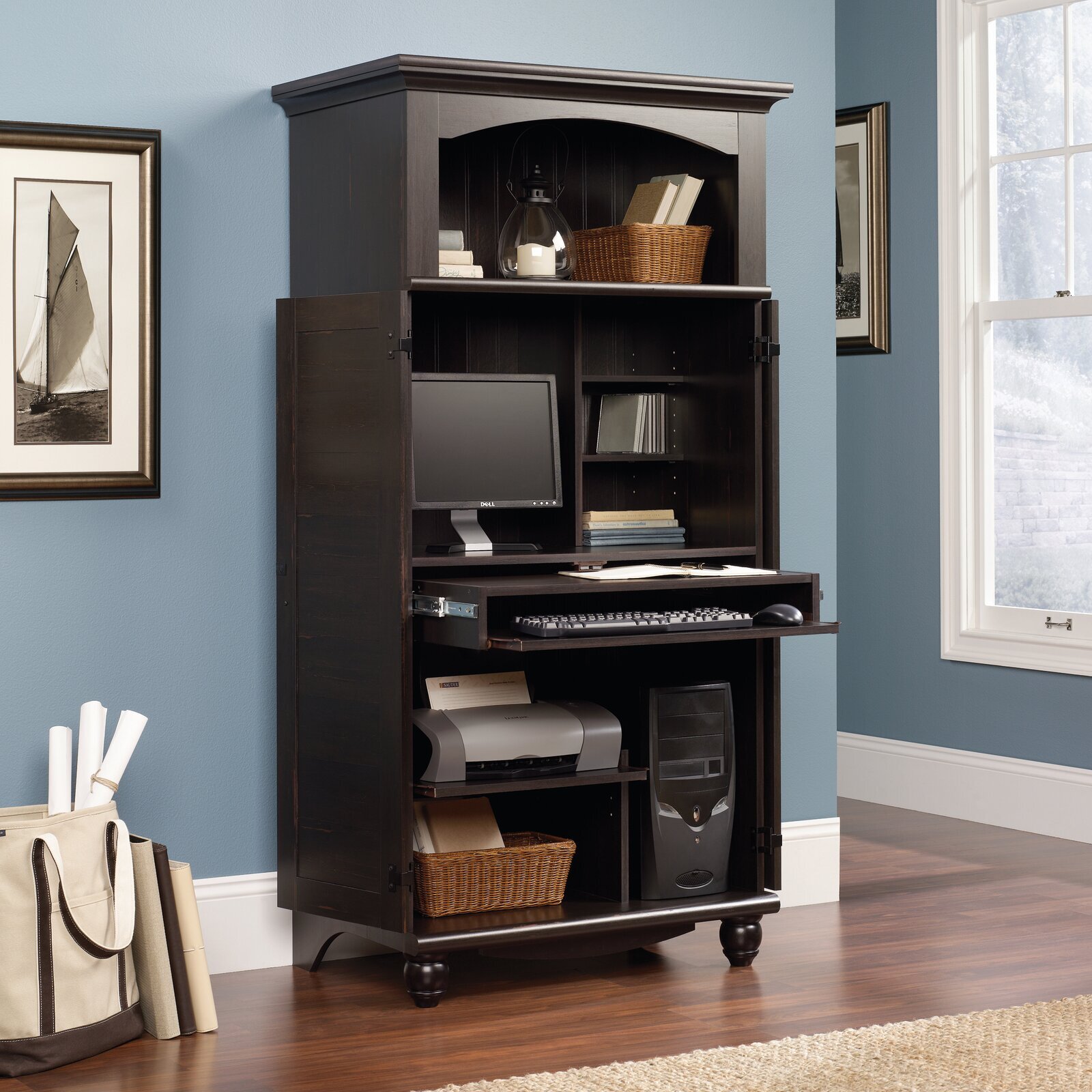 Office Armoire with Open Display Hub and Shelves
