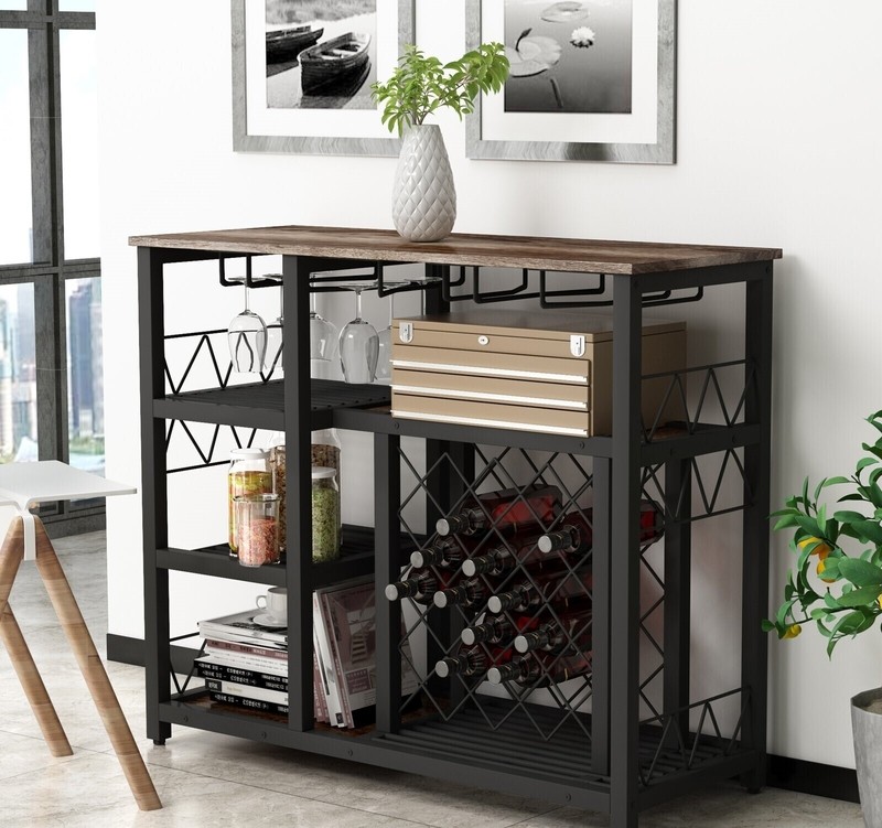Open frame industrial liquor cabinet made of wire and wood