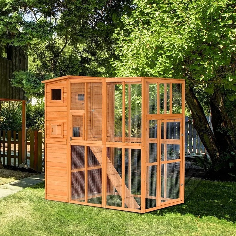 PawHut Large Wooden Outdoor Cat House with Large Run for Play, Catio for Lounging, and Condo Area for Sleeping