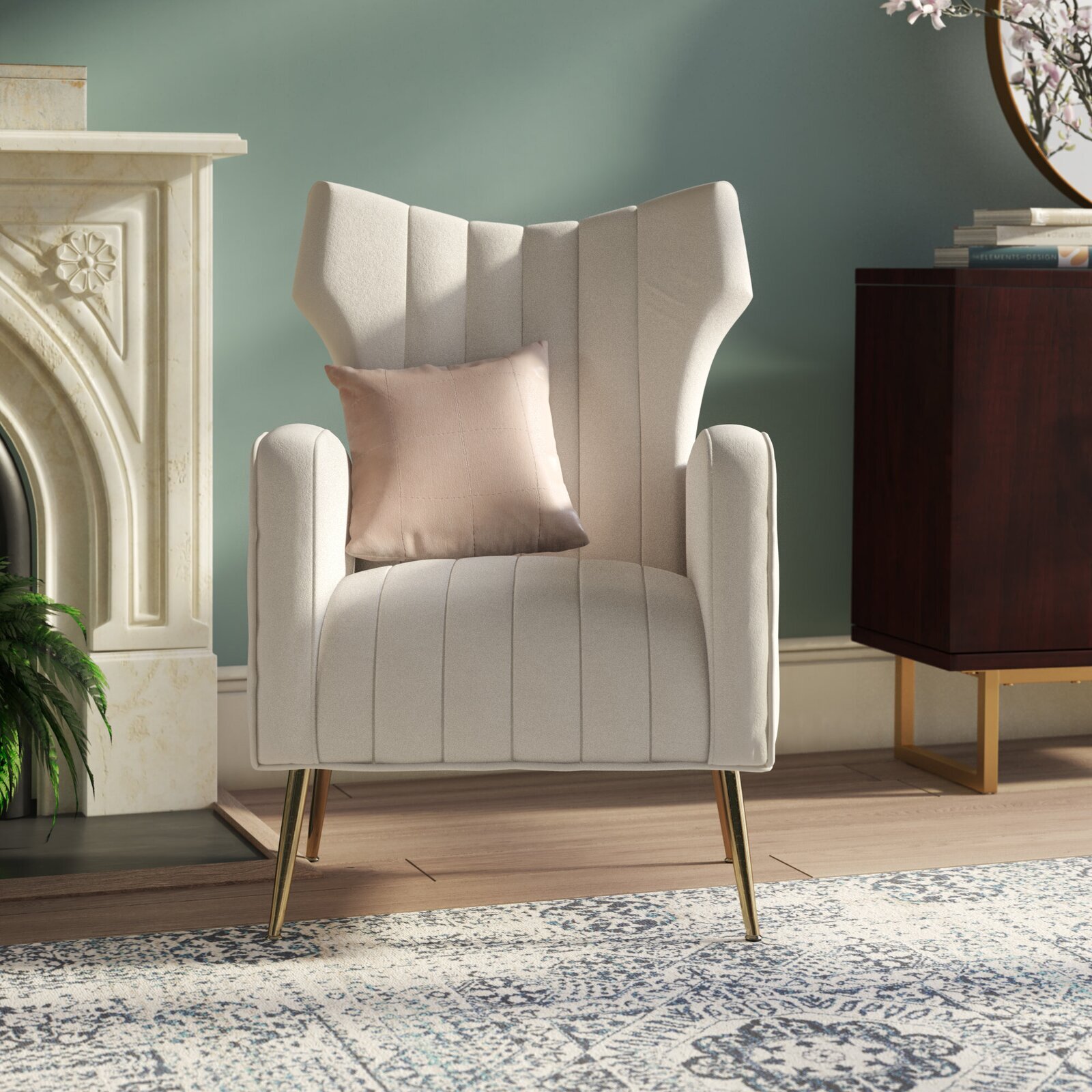 Perfectly piped, subtle neutral high wingback accent chair 
