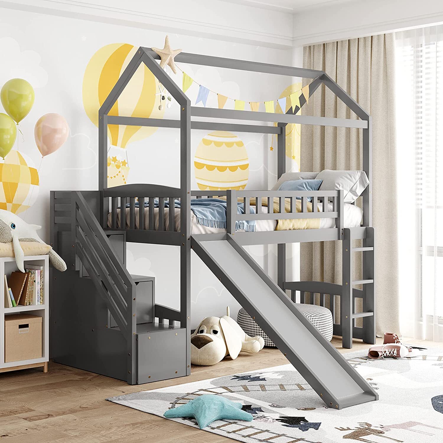 Playhouse Loft Bed with Stairs and Slide