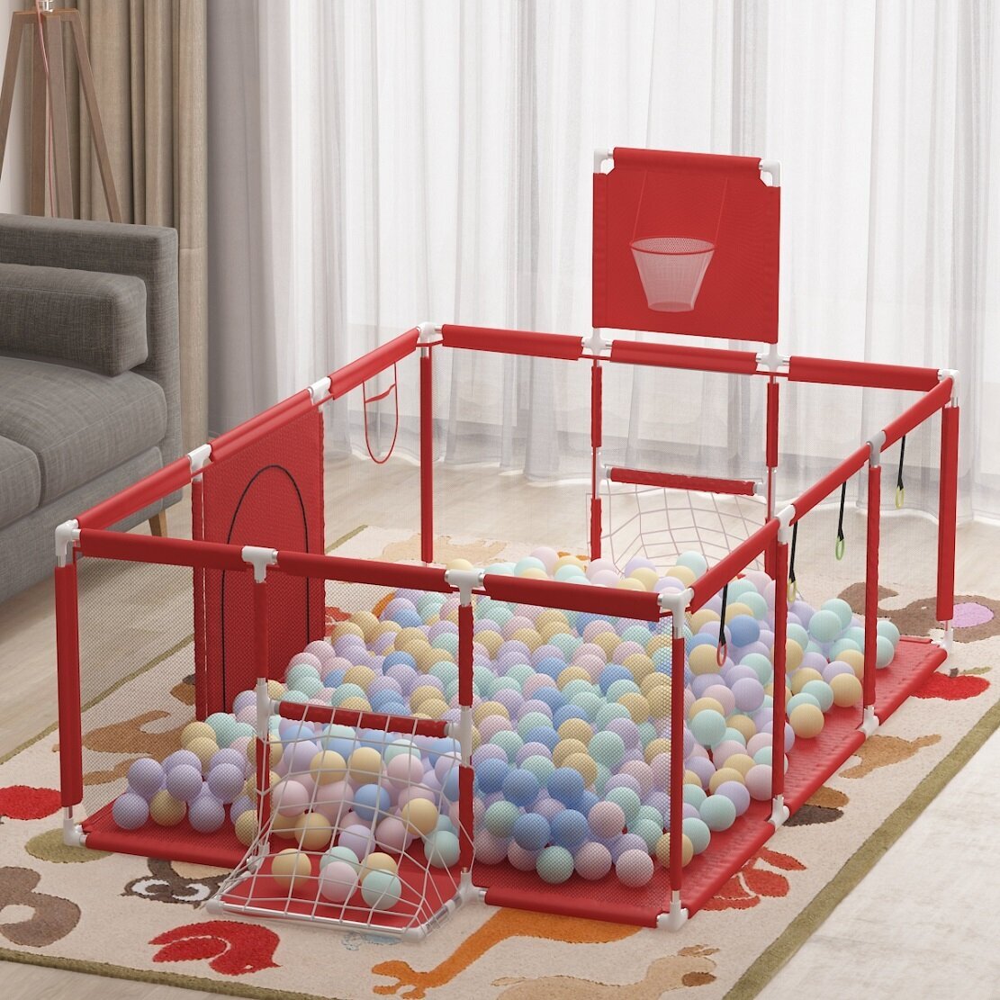 Playpen for toddlers with a tiny basketball hoop