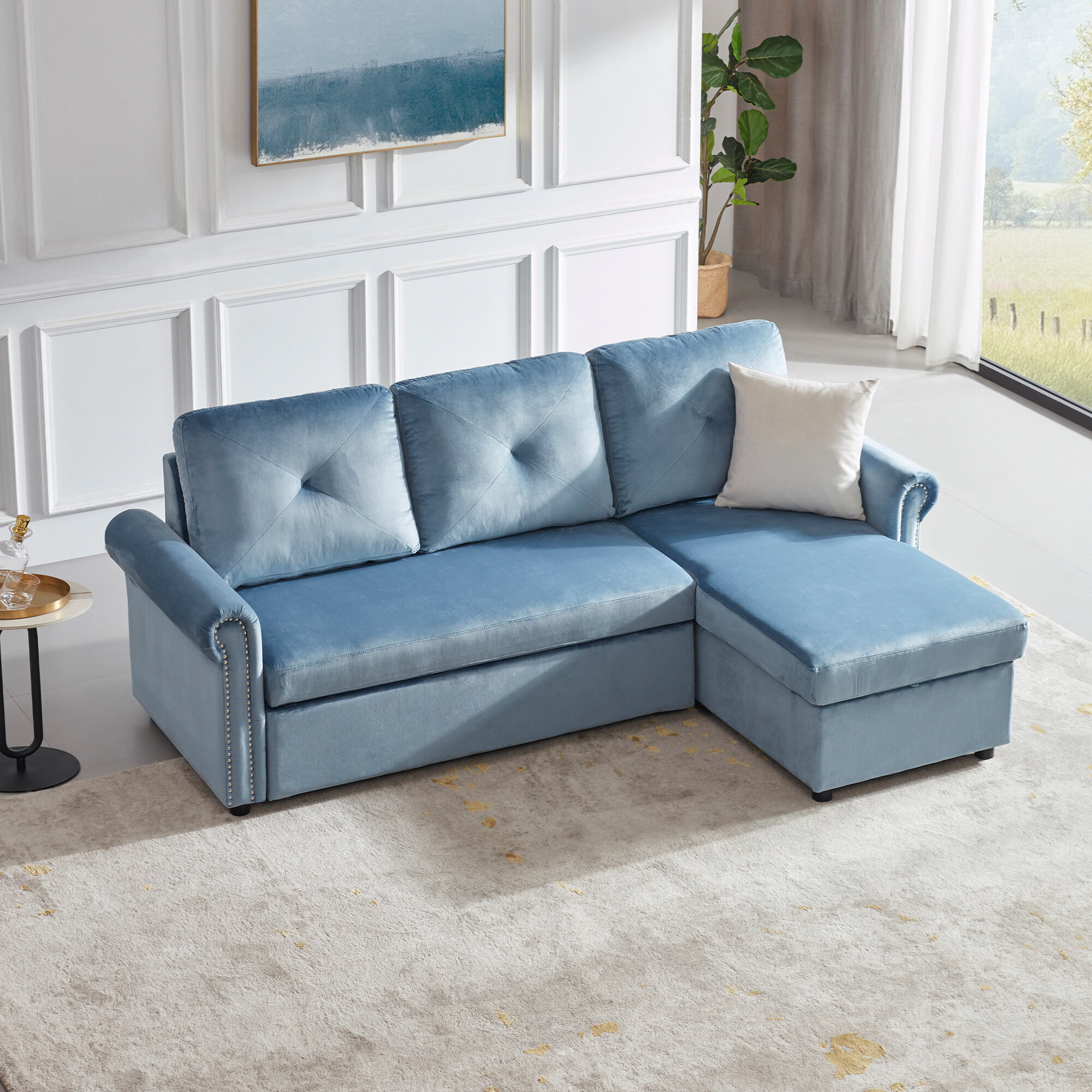 Plush, blue, traditional very small corner sectional 