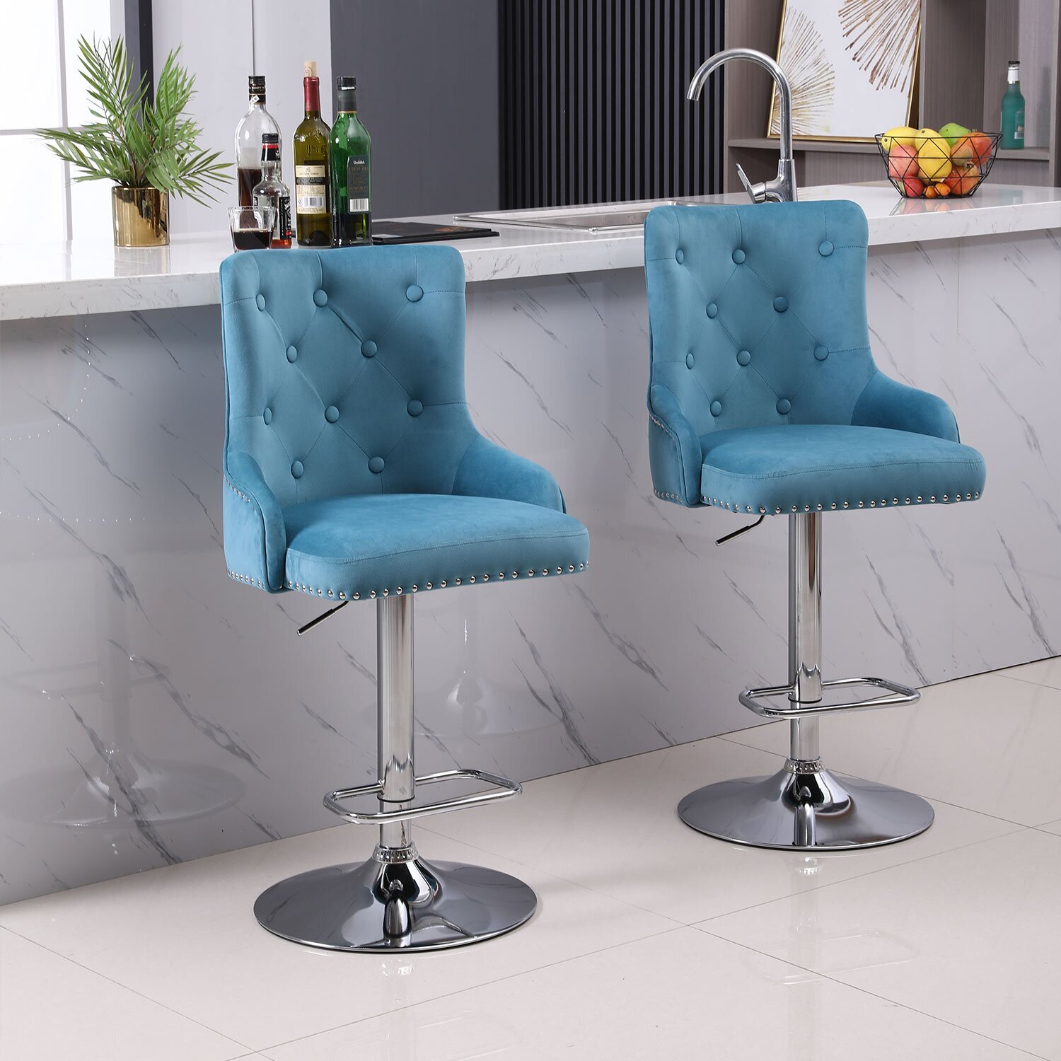 Plush velvet, high backed bar stools with backs and arms