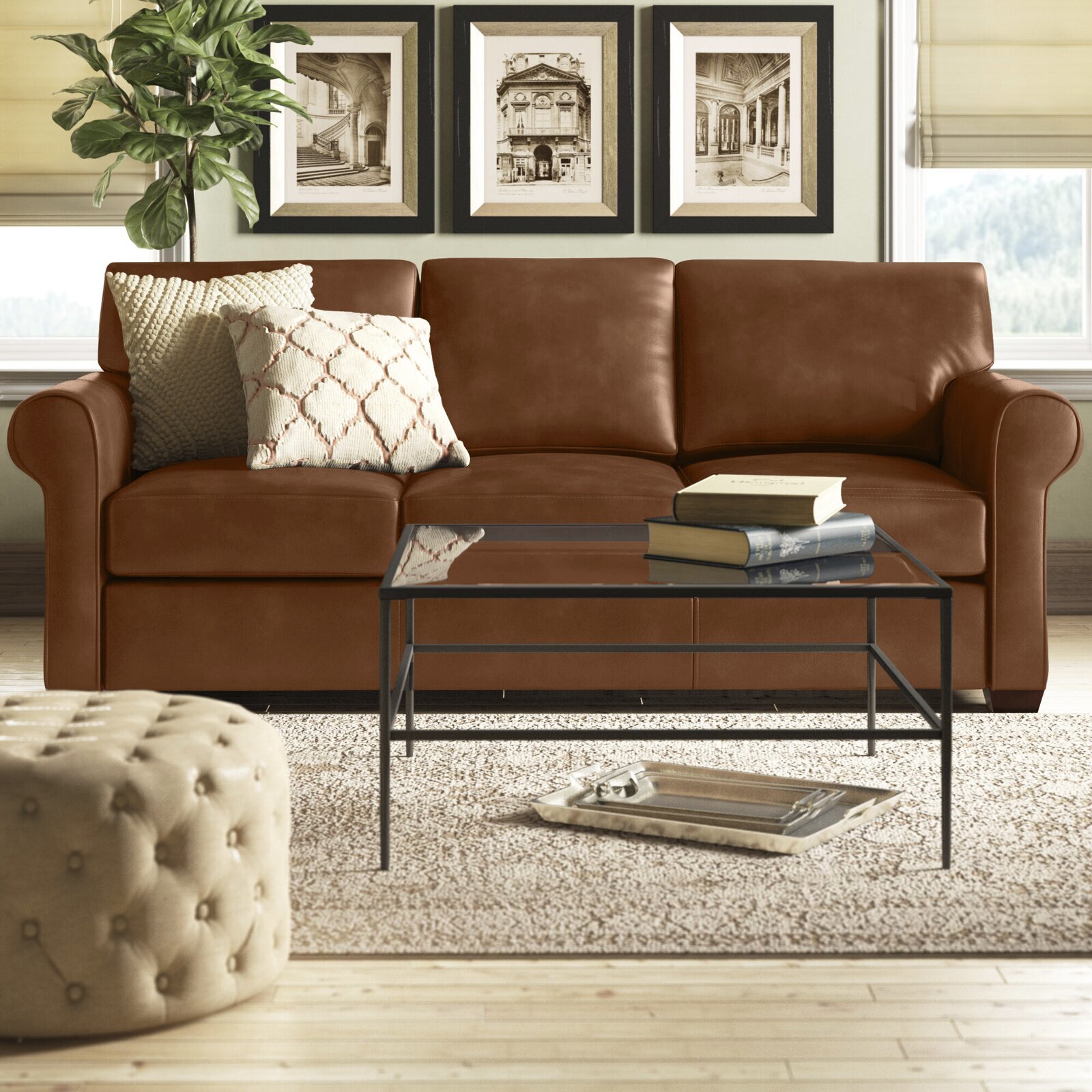 Rachel 91” Genuine Leather Rolled Arm Sofa Bed