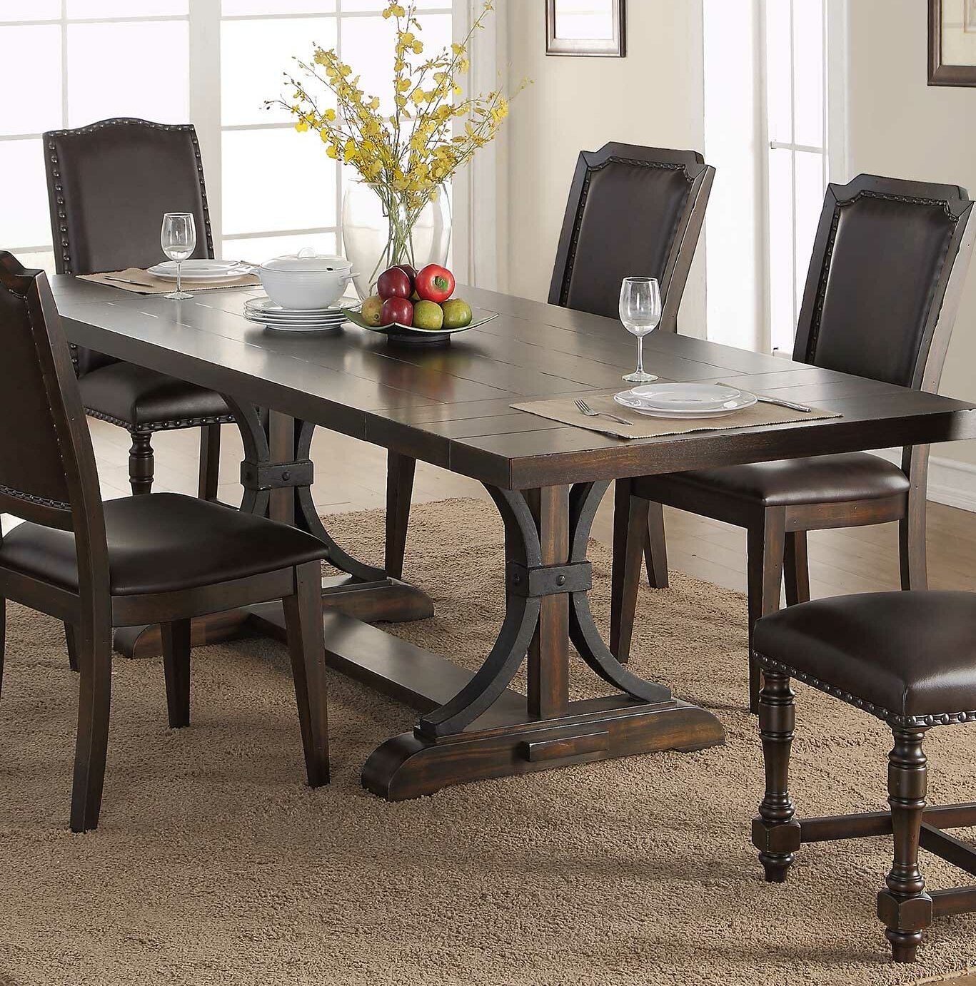 Rectangular Dining Table with Wrought Iron and Solid Wood Trestle Style Base