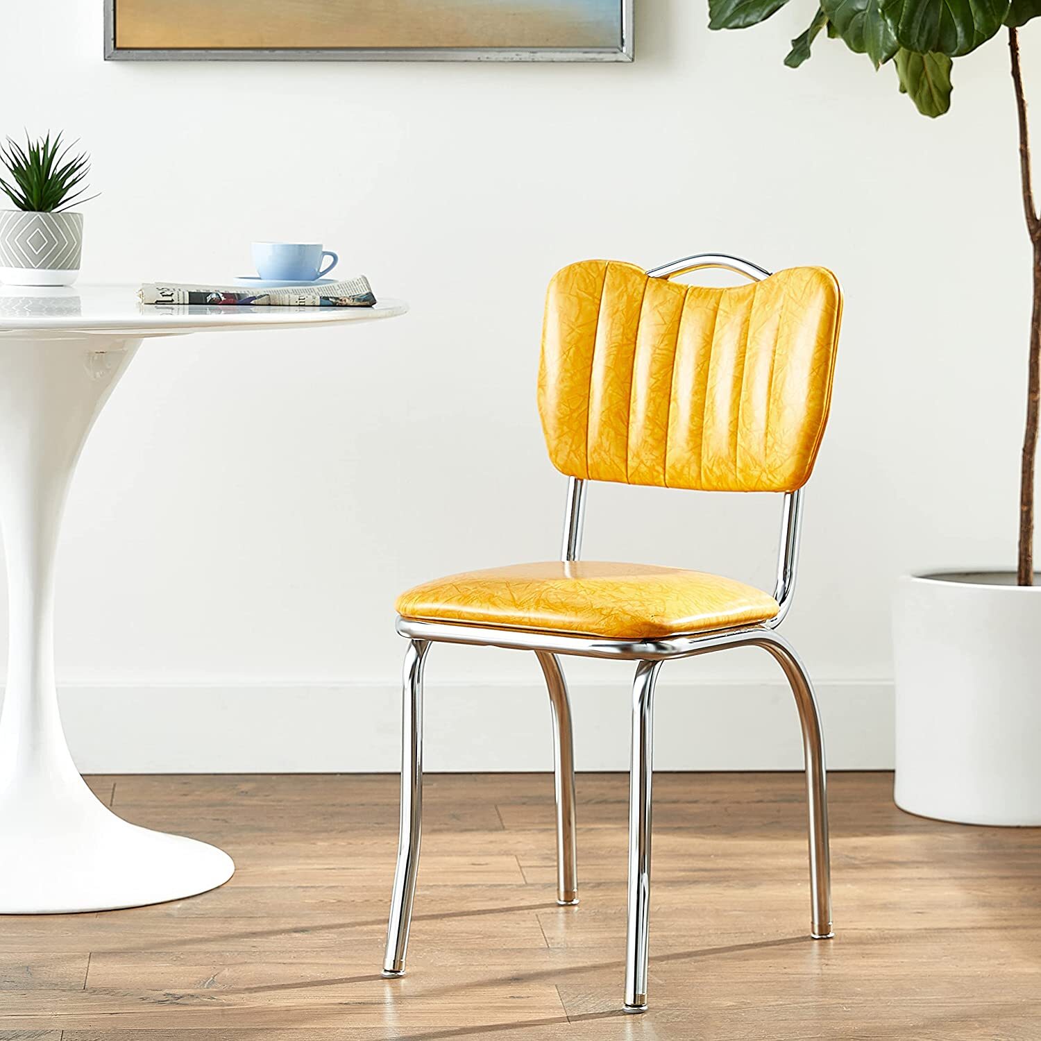 Retro kitchen chairs with cracked ice yellow leather 