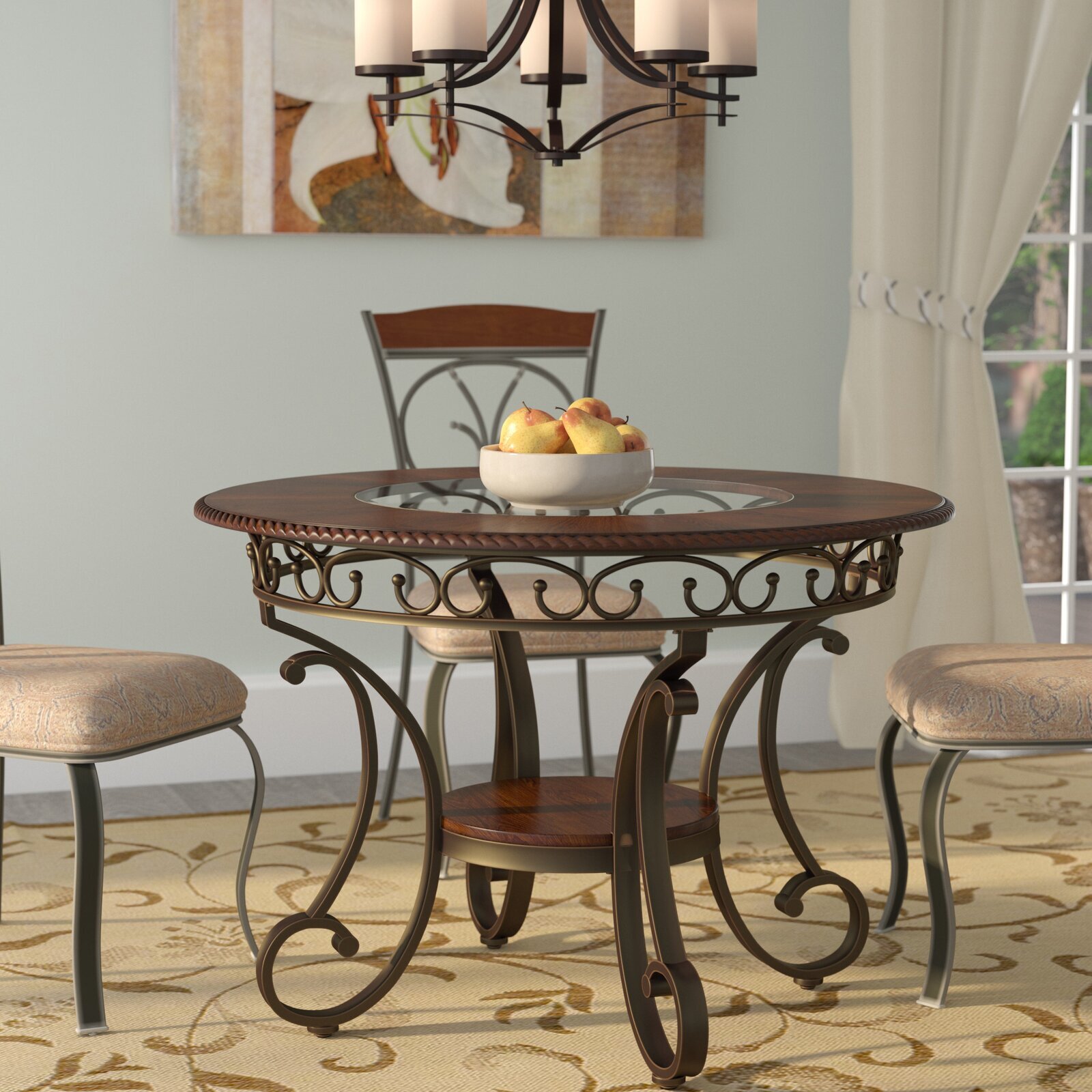 Round Wrought Iron Dining Table with Cherry Wood and Glass Top