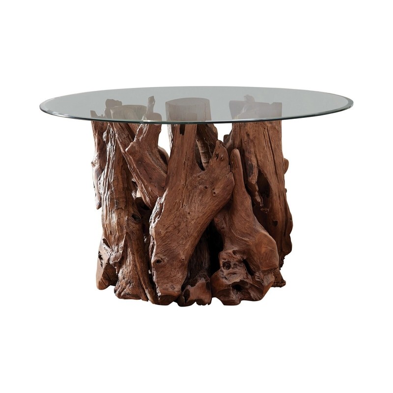 Rustic wooden dining table with glass top