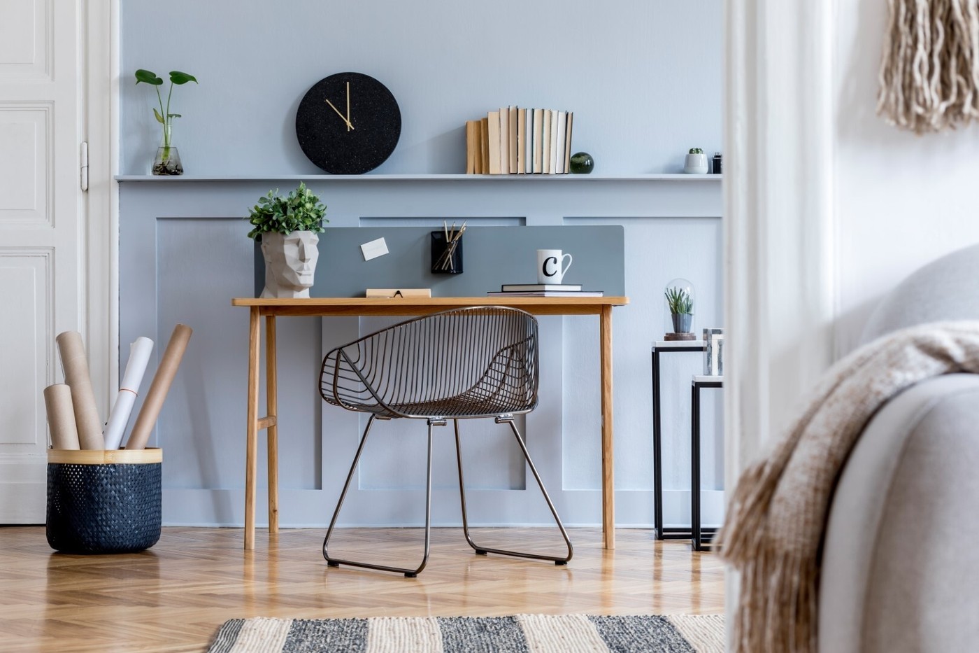 Scandinavian home office interior with wooden desk
