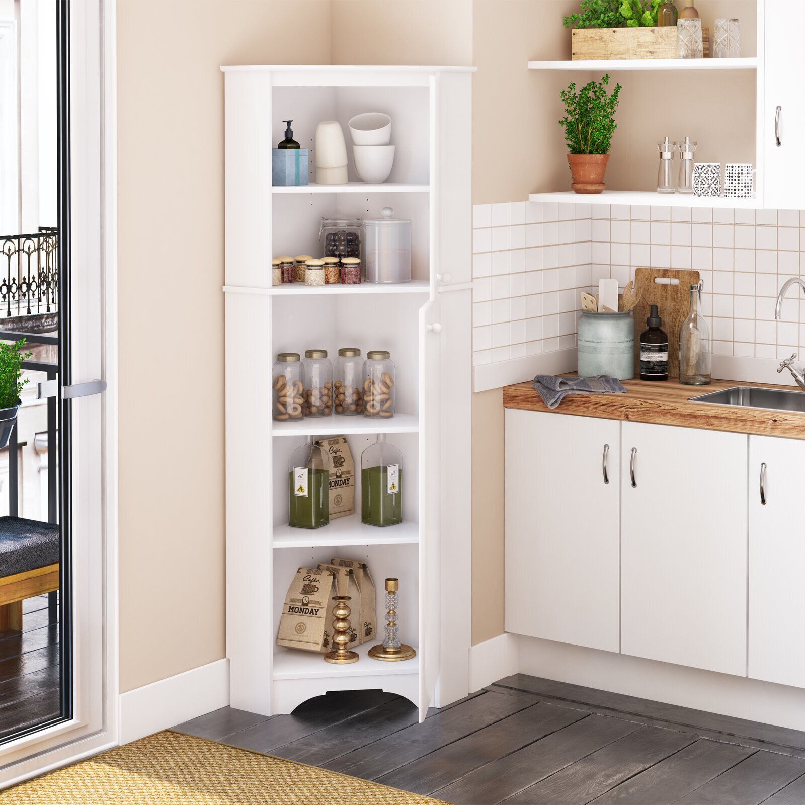 Shallow pantry cabinet as a corner model with closed cupboards