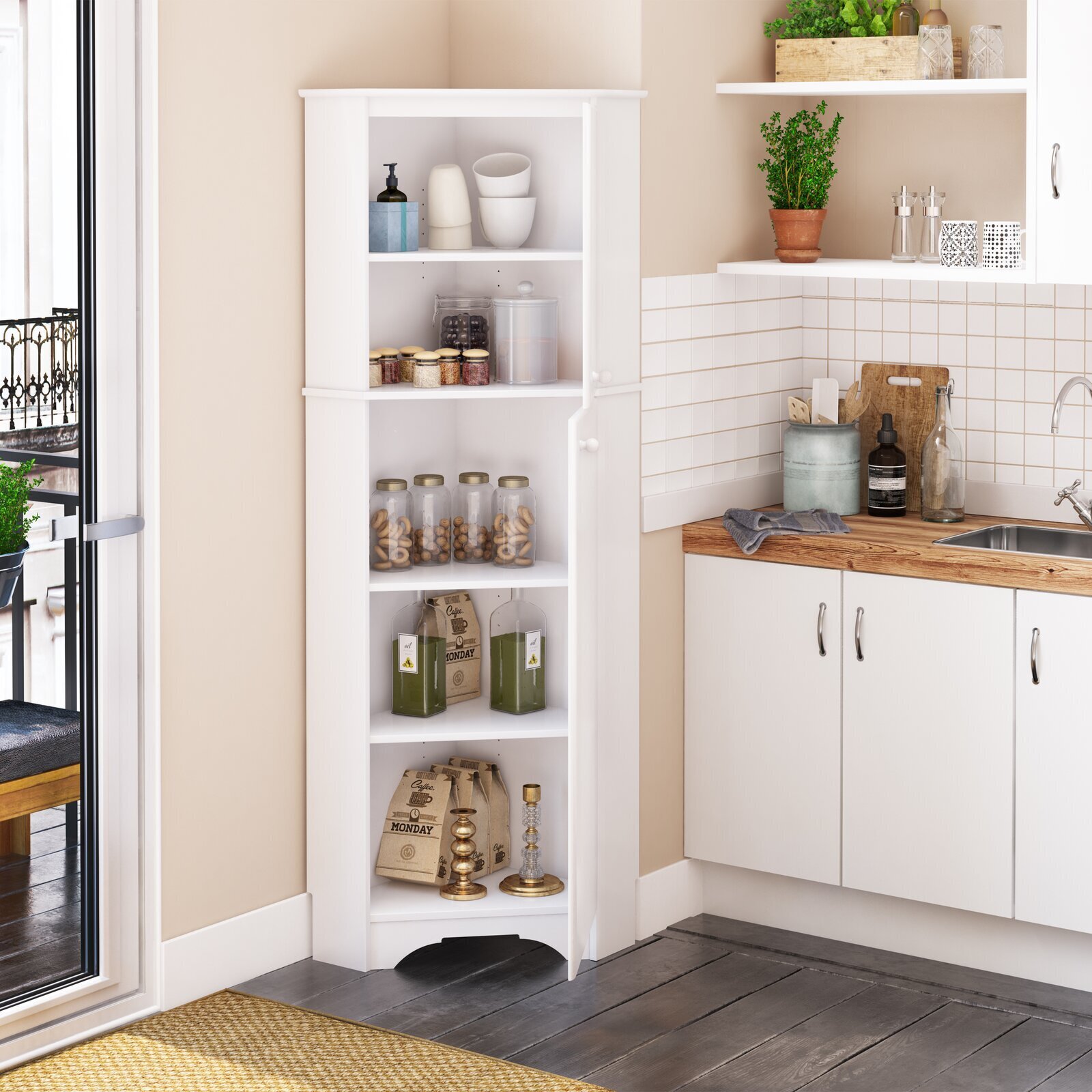 Shallow Pantry Cabinet As A Corner Model With Closed Cupboards 