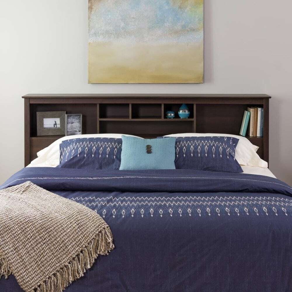 Short King Bookshelf Headboard with Multiple Sized Compartments