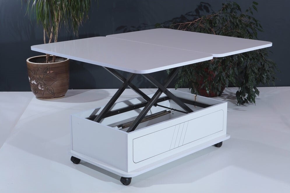 Smooth and Simple White Coffee Table to Dining Table With Wheels