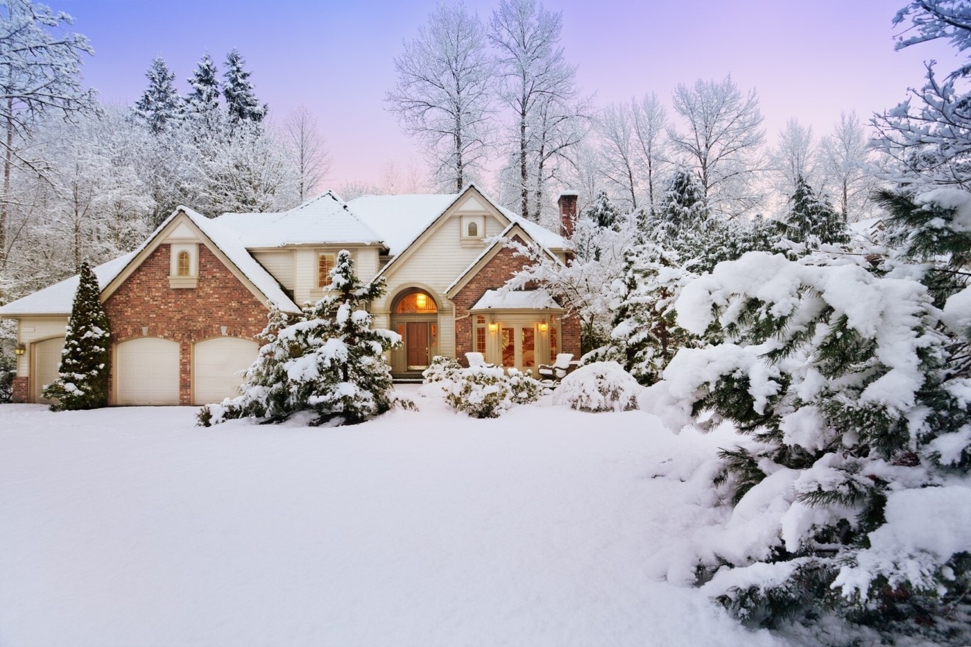 Snowy suburban home and garden