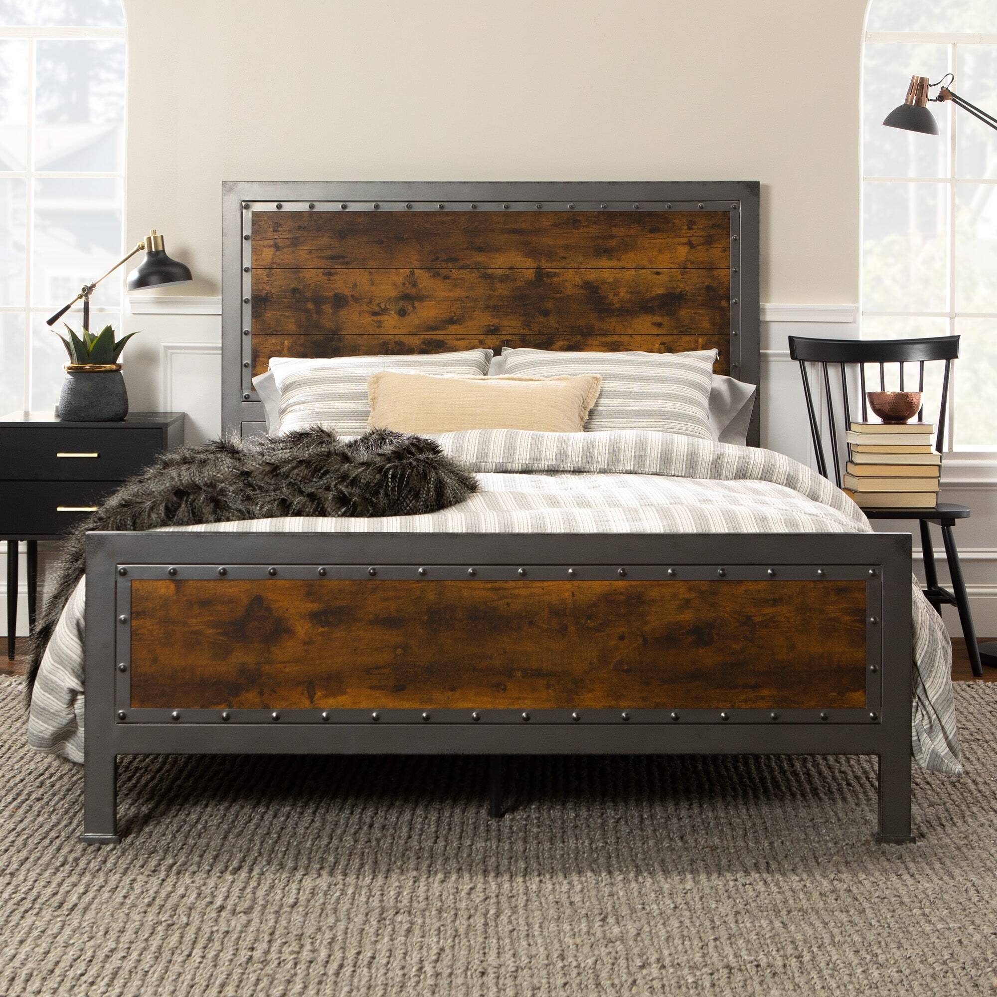 Solid Panel Wood and Metal Headboard and Footboard With Nailhead Trim