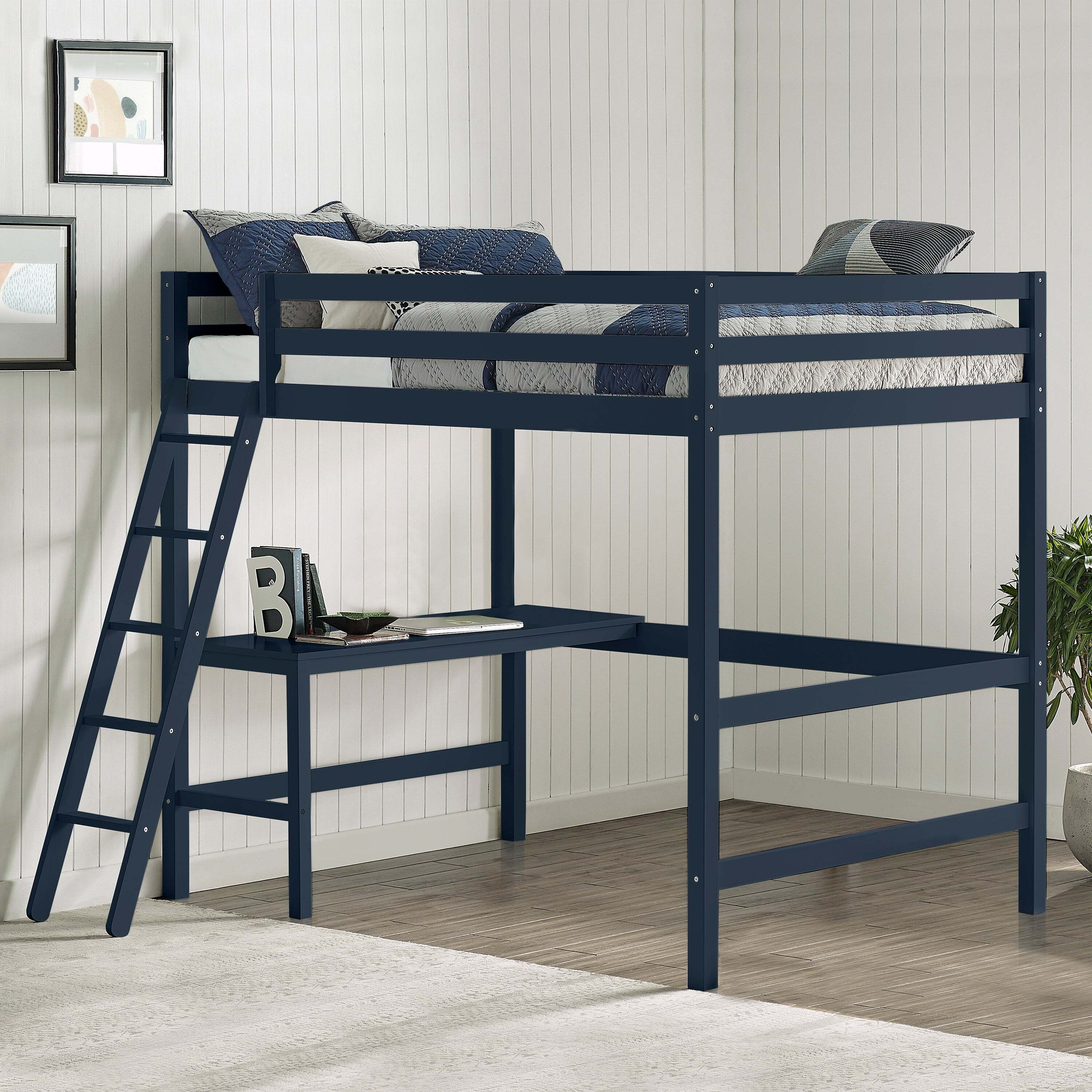 Solid Wood Loft Bed with Desk for Adults and Angled Ladder Over Side Desk