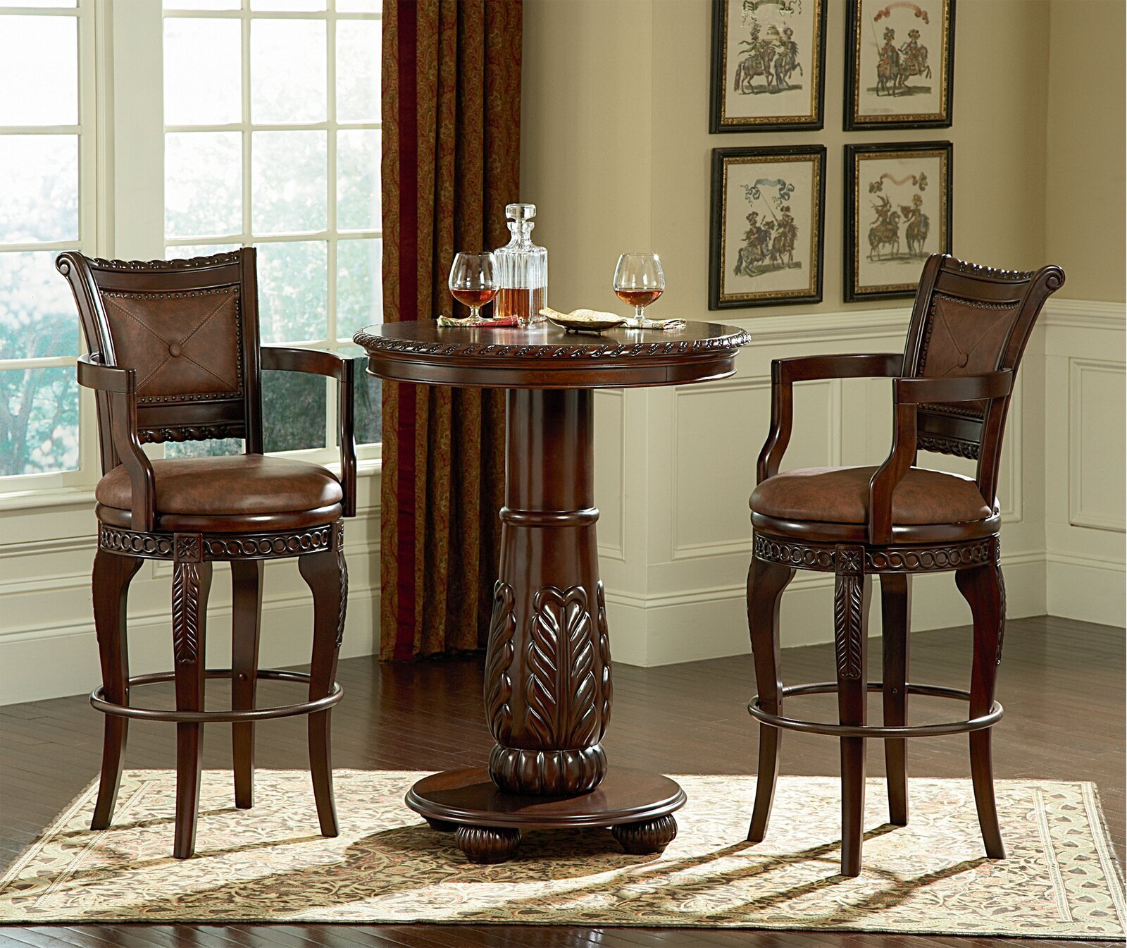 Solid Wood Pedestal Round Bar Table and Luxury Fullback Chairs with Armrests
