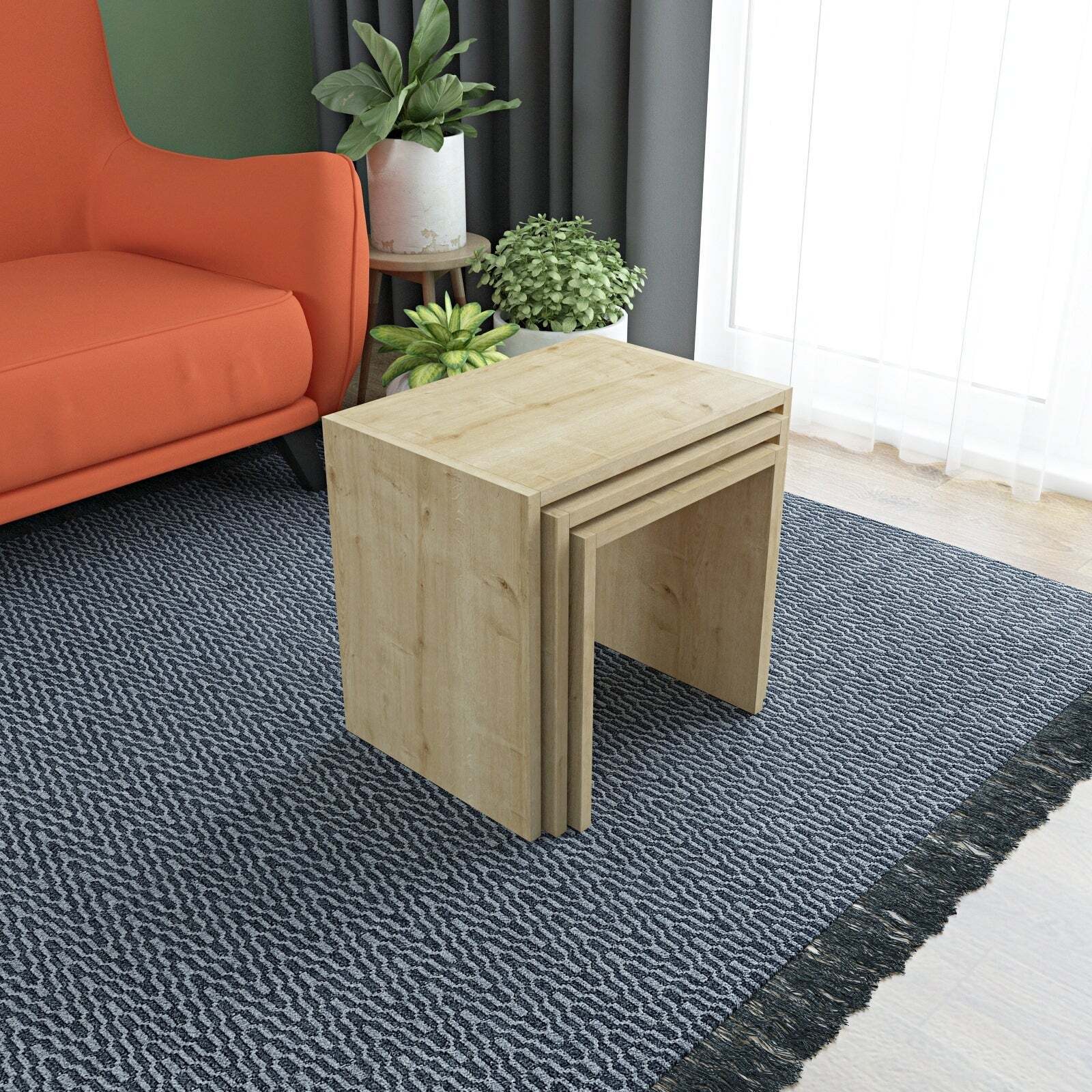 Square, minimalist coffee table with stools underneath 