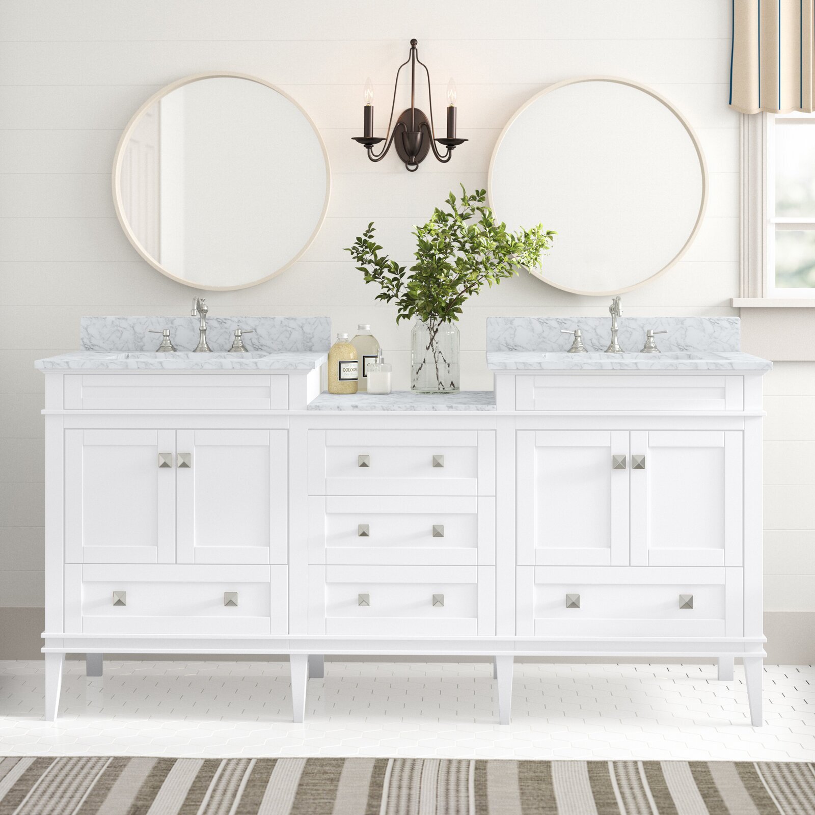 Standing 72 inch Bathroom Vanity with Makeup Area with Center Dip and High Legs