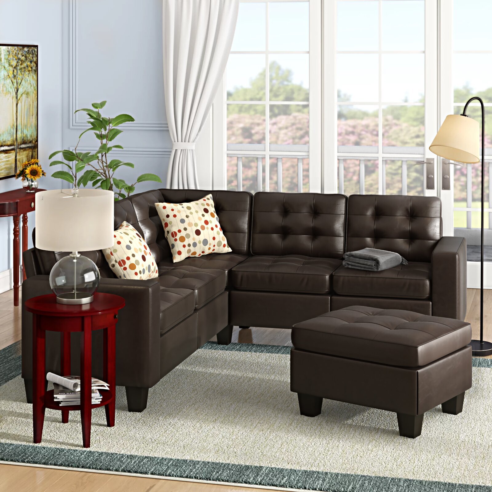 Symmetrical Corner Leather Small Sectional with Ottoman and Tufted Cushions