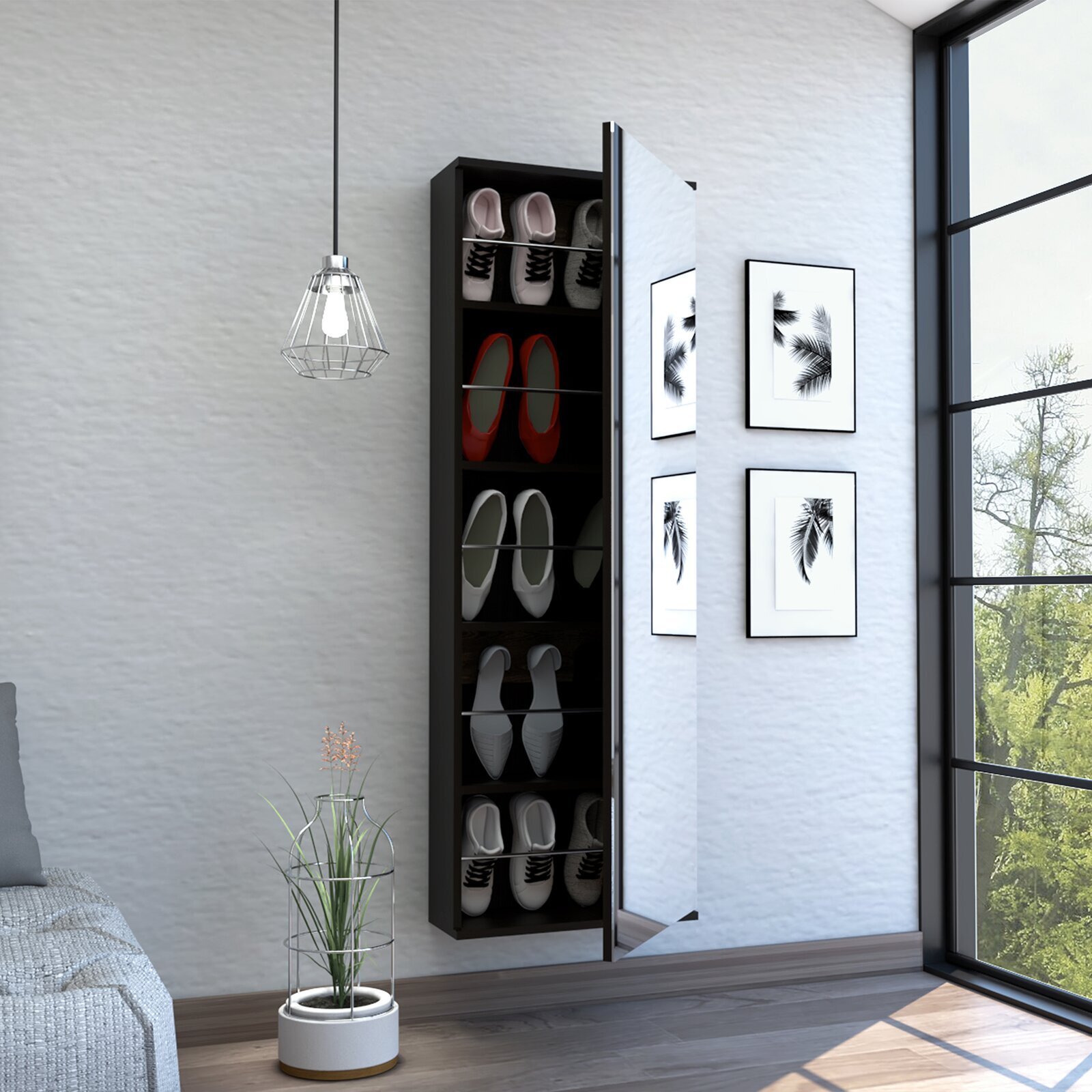 Tall Narrow Shoe Storage Cabinet With Mirror Door