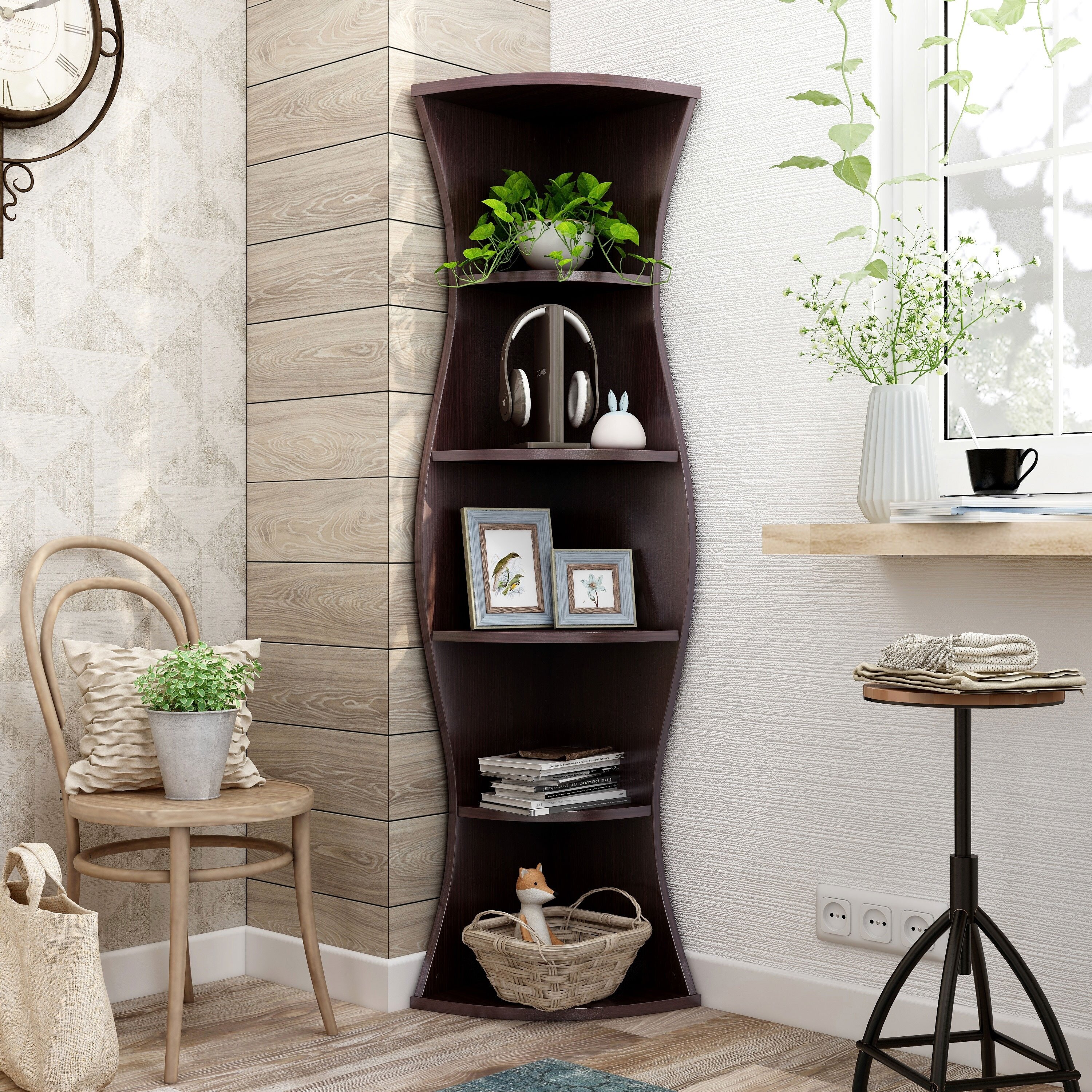 Solid wood fan-shaped corner shelf modern living room