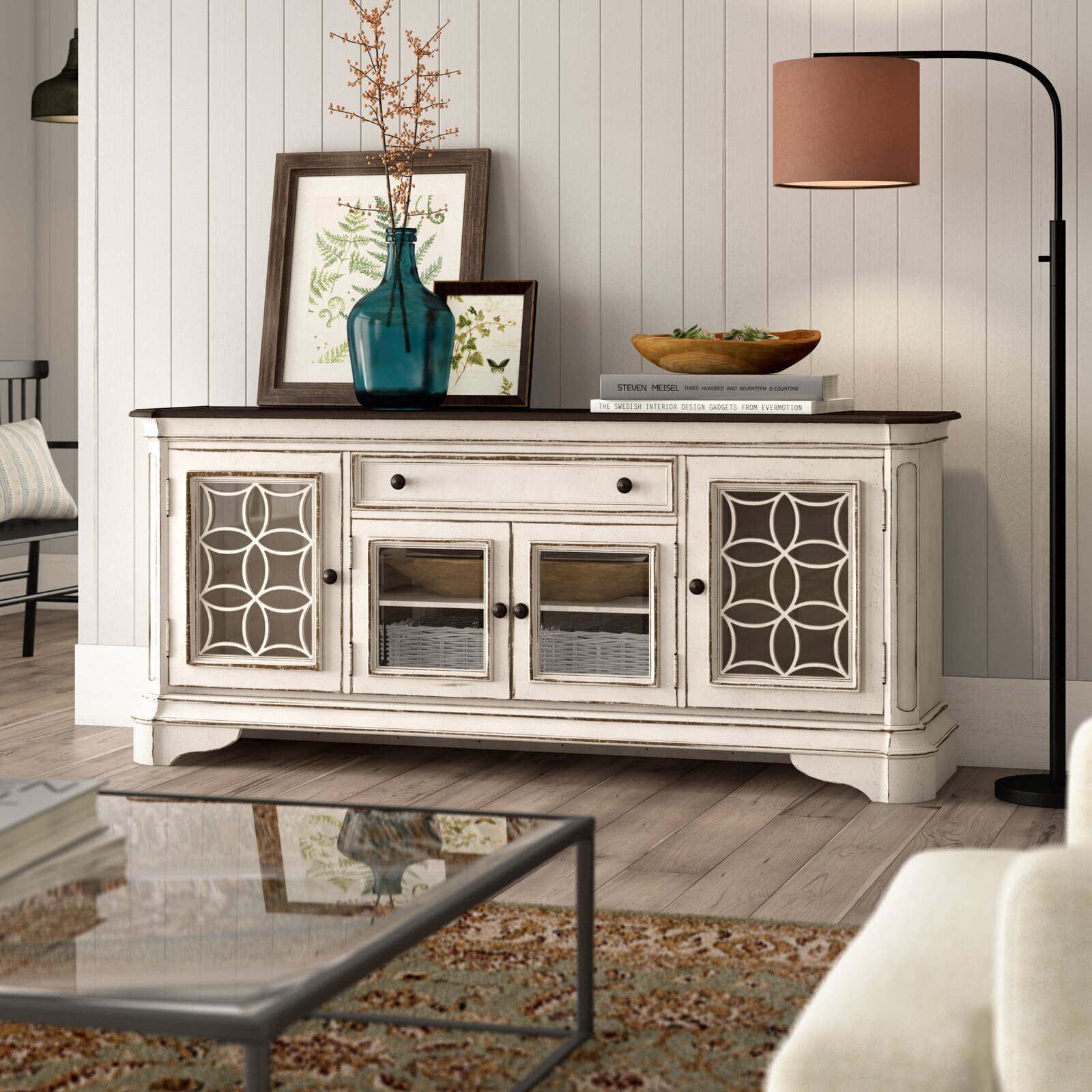 Television cabinet with detailed glass doors