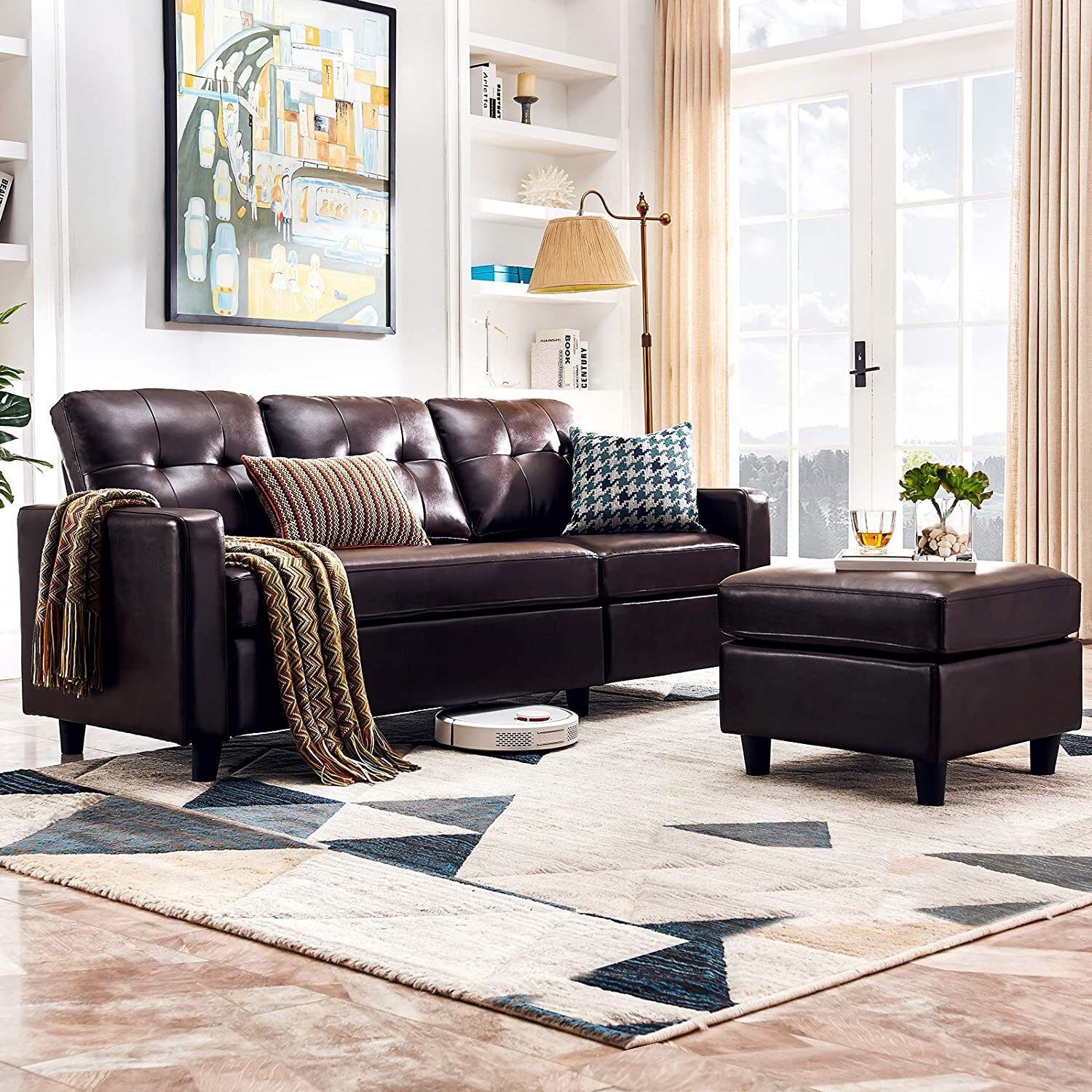 Three seater Faux Leather Sectional for Small Spaces without Chaise