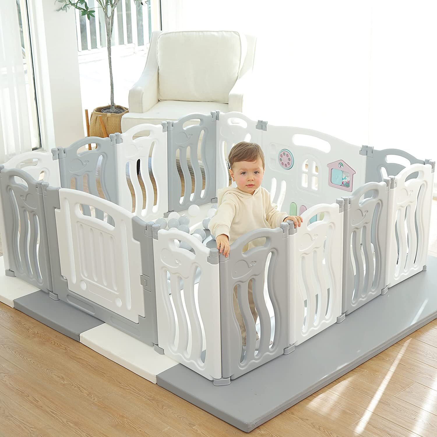 Toddler playpen in an attractive, soothing greyscale
