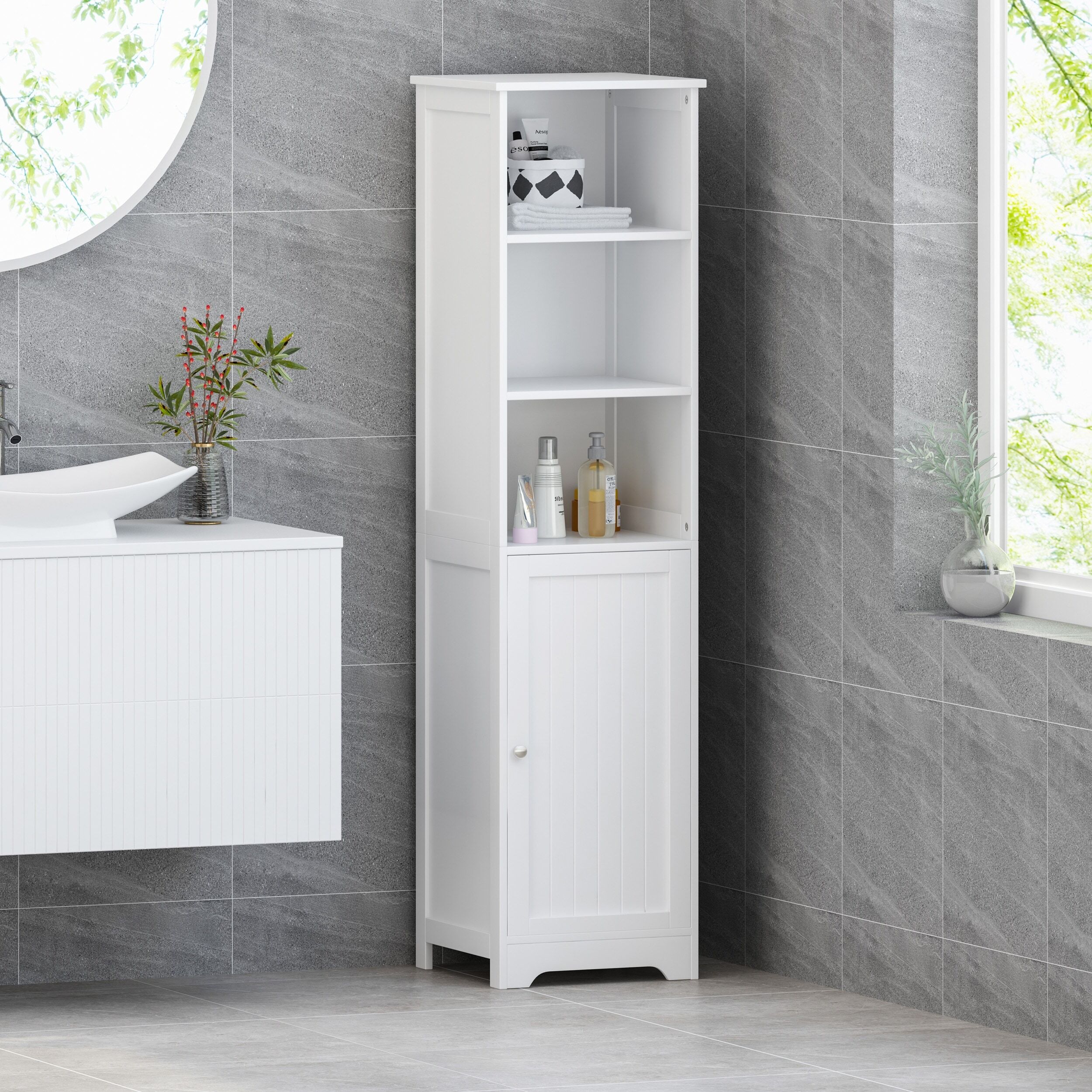 Traditional bathroom linen tower with open shelves