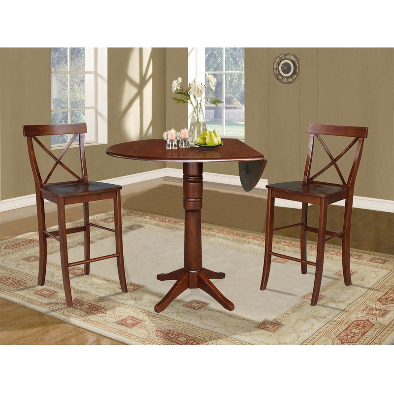 Traditional Wood Dropleaf High Round Table with Plain Wood Chairs