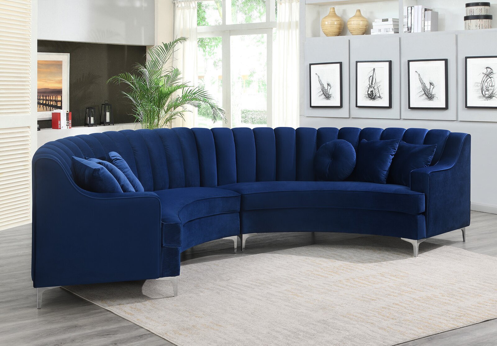 Two Piece Blue Velvet Curved Sectional Sofa