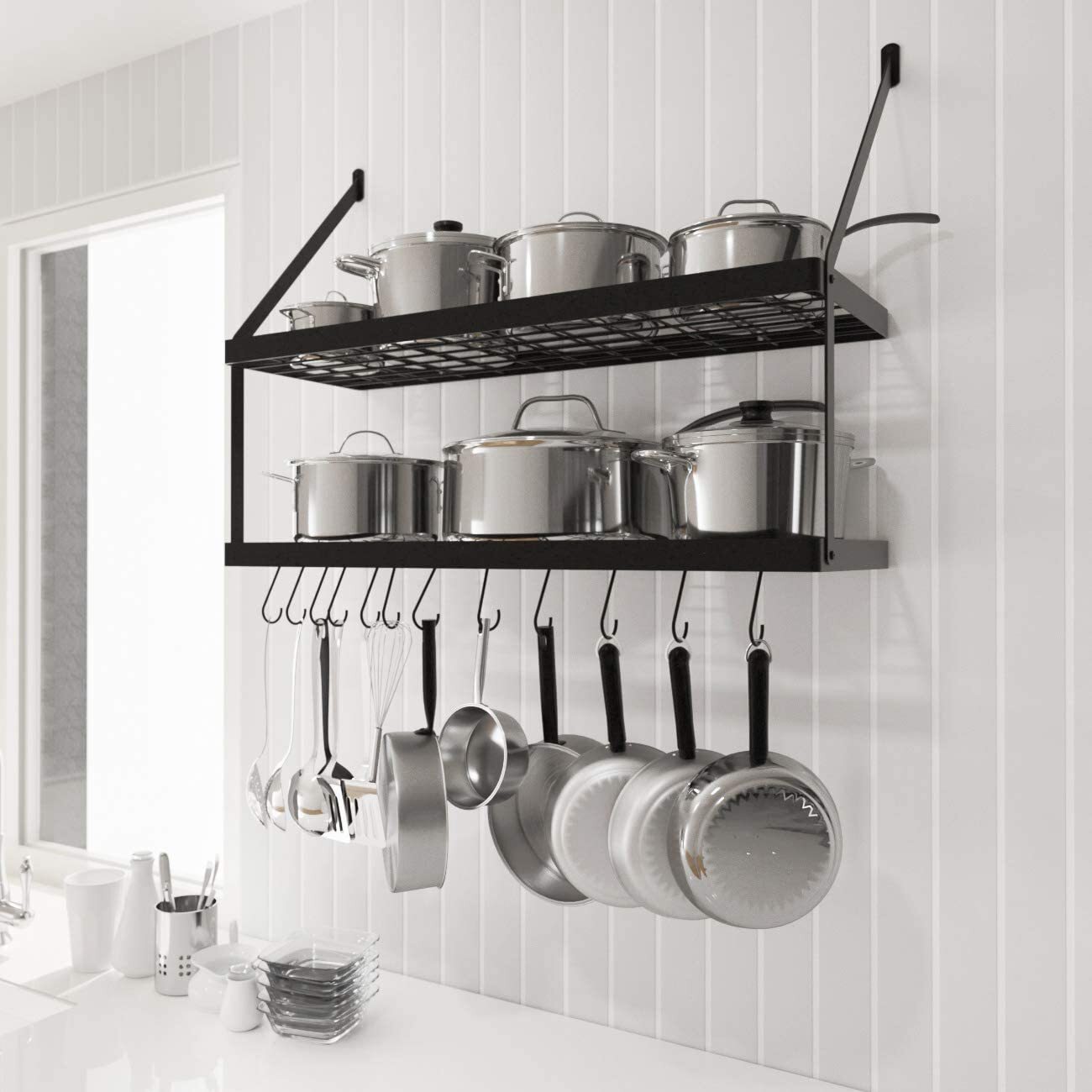 Two Tier Cast Iron Pot Rack With Hooks