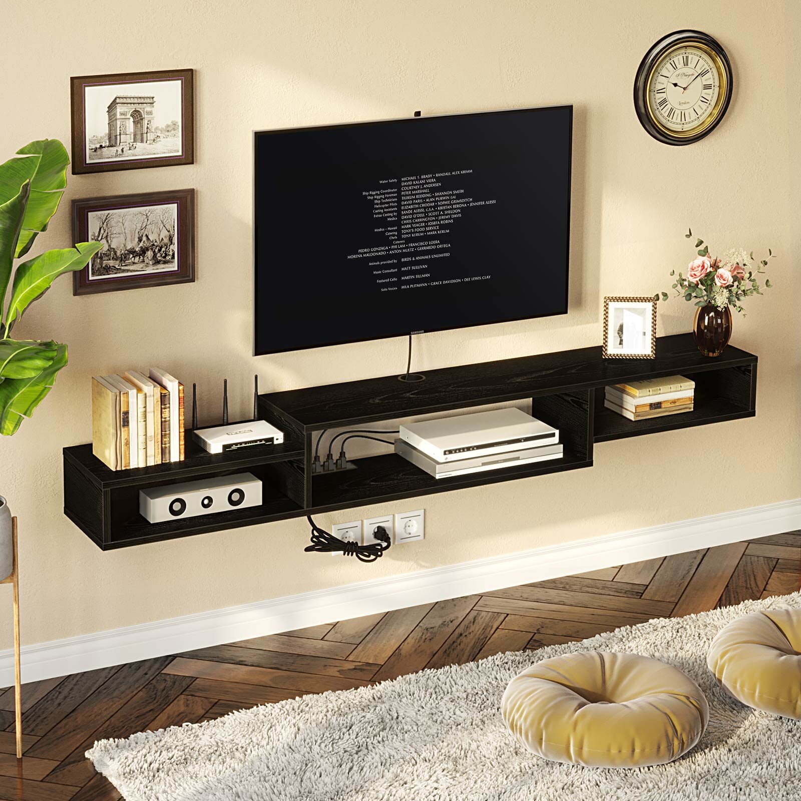 Very low profile tv console with a sleek, modular finish