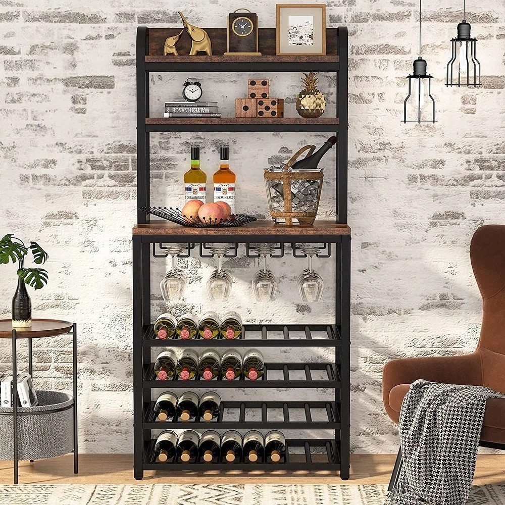 Wine Rack Free Standing Wine Rack Iron Wine Display Stand with Hex Wrench 21 Bottles Metal Wine Rack Black Wine Holder with Curved Feet for Bar Wine Cellar Kitchen Basement 7.9 X 13.4 X 34.6in 