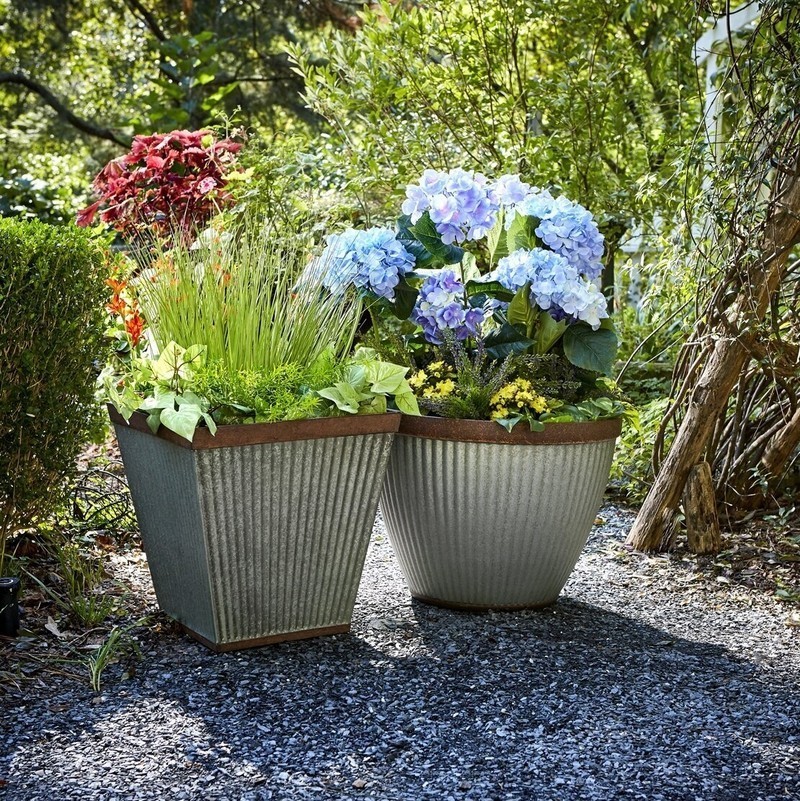 Weathered Steel and Rustic Galvanized Large Outdoor Vases