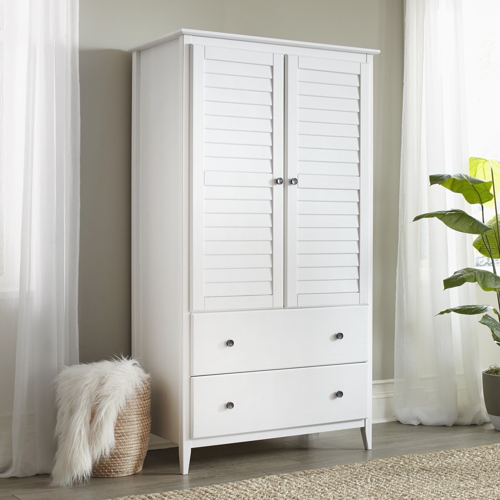 White Coastal Style TV Armoire With Drawers