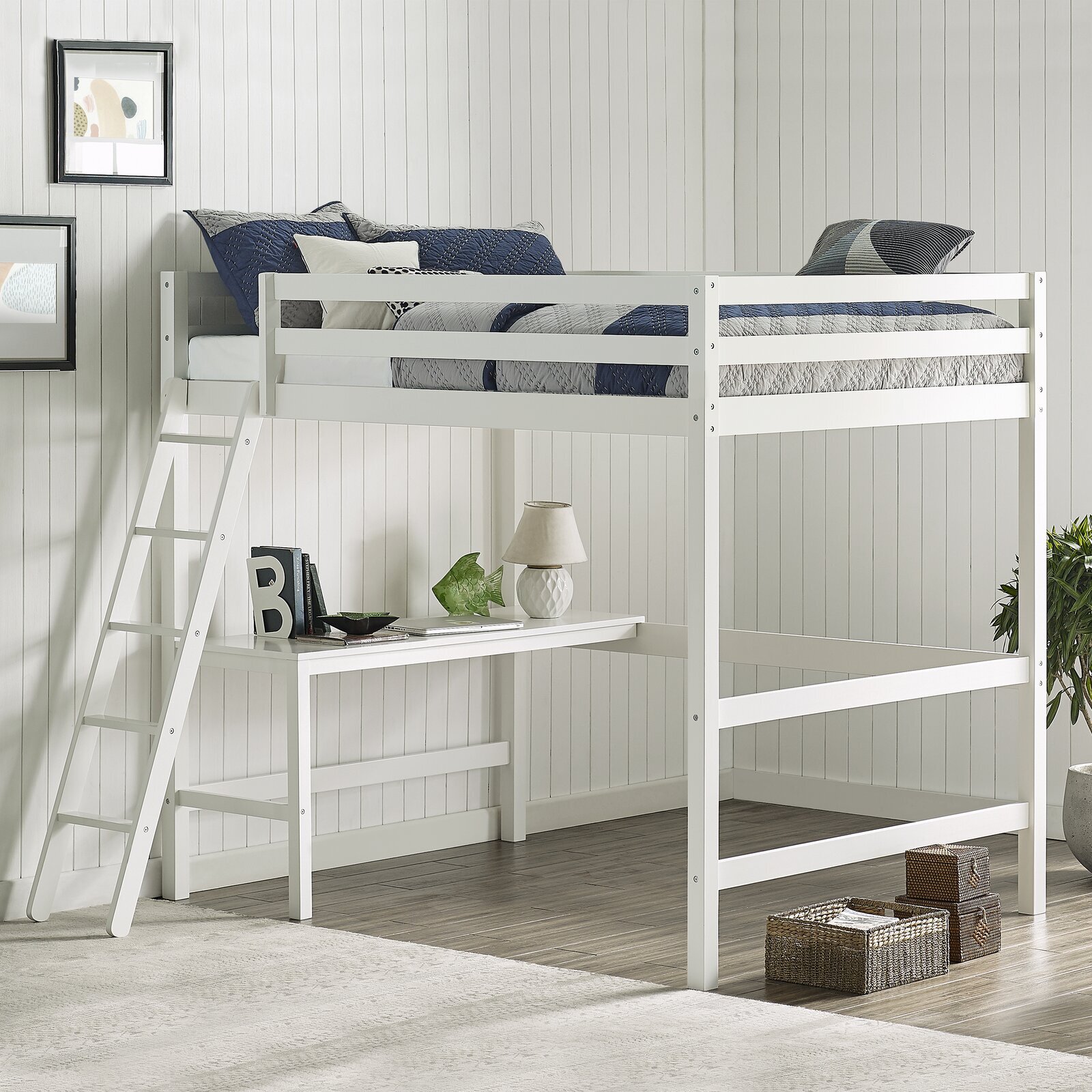 White double bed with desk underneath to make smaller bedrooms feel airier