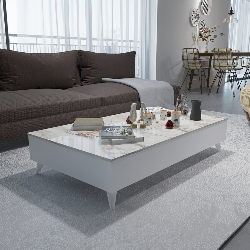 White Faux Marble Lift Top Adjustable Coffee Table With Storage