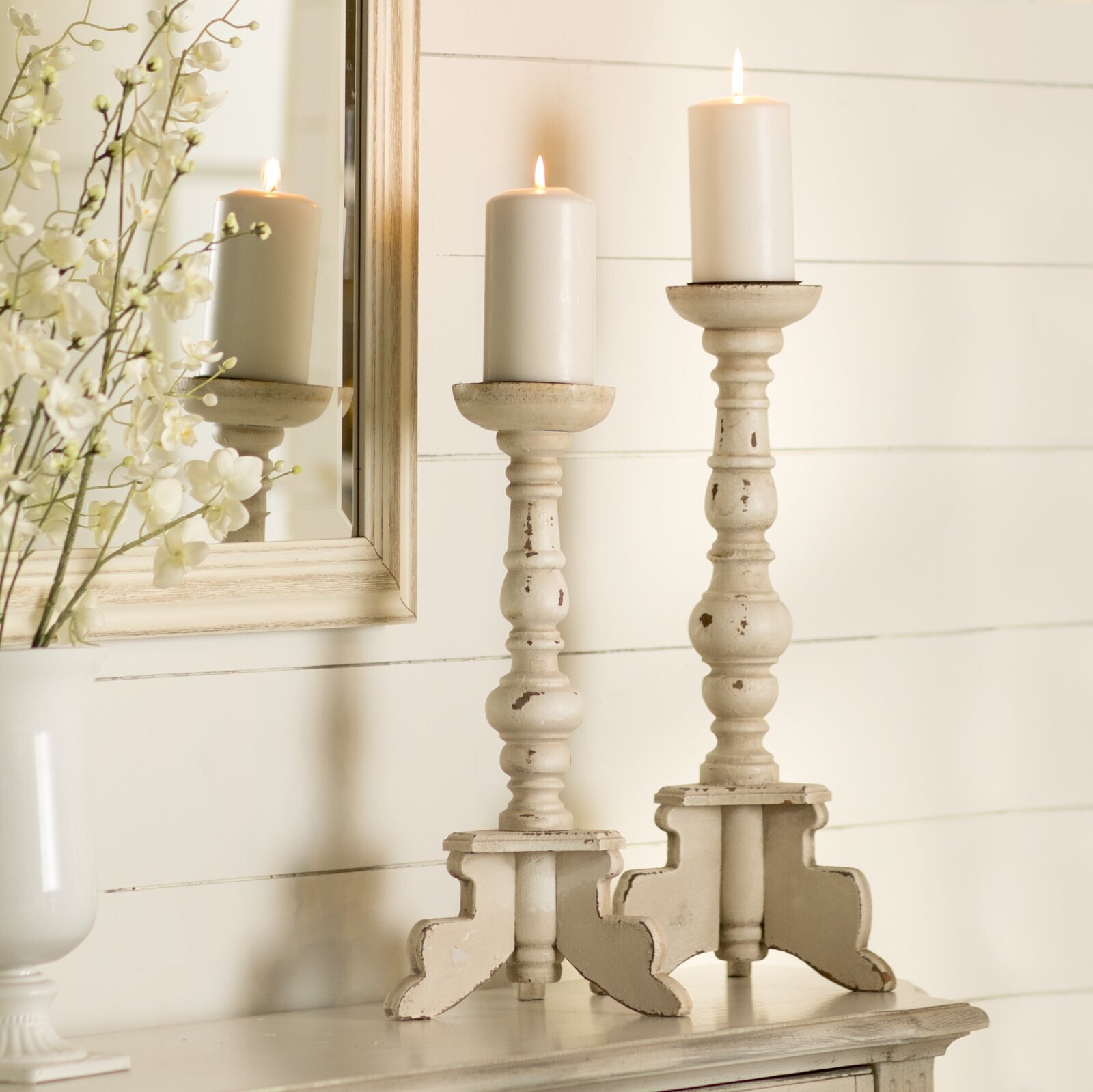White Large Wooden Candle Holders