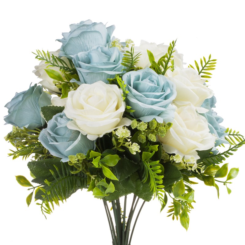 White & light blue artificial floral centerpieces for dining tables