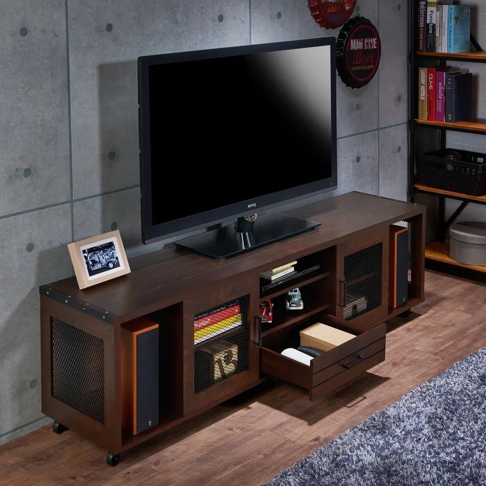 Wood and Iron Tv Stand With Mesh Doors and Caster Wheels