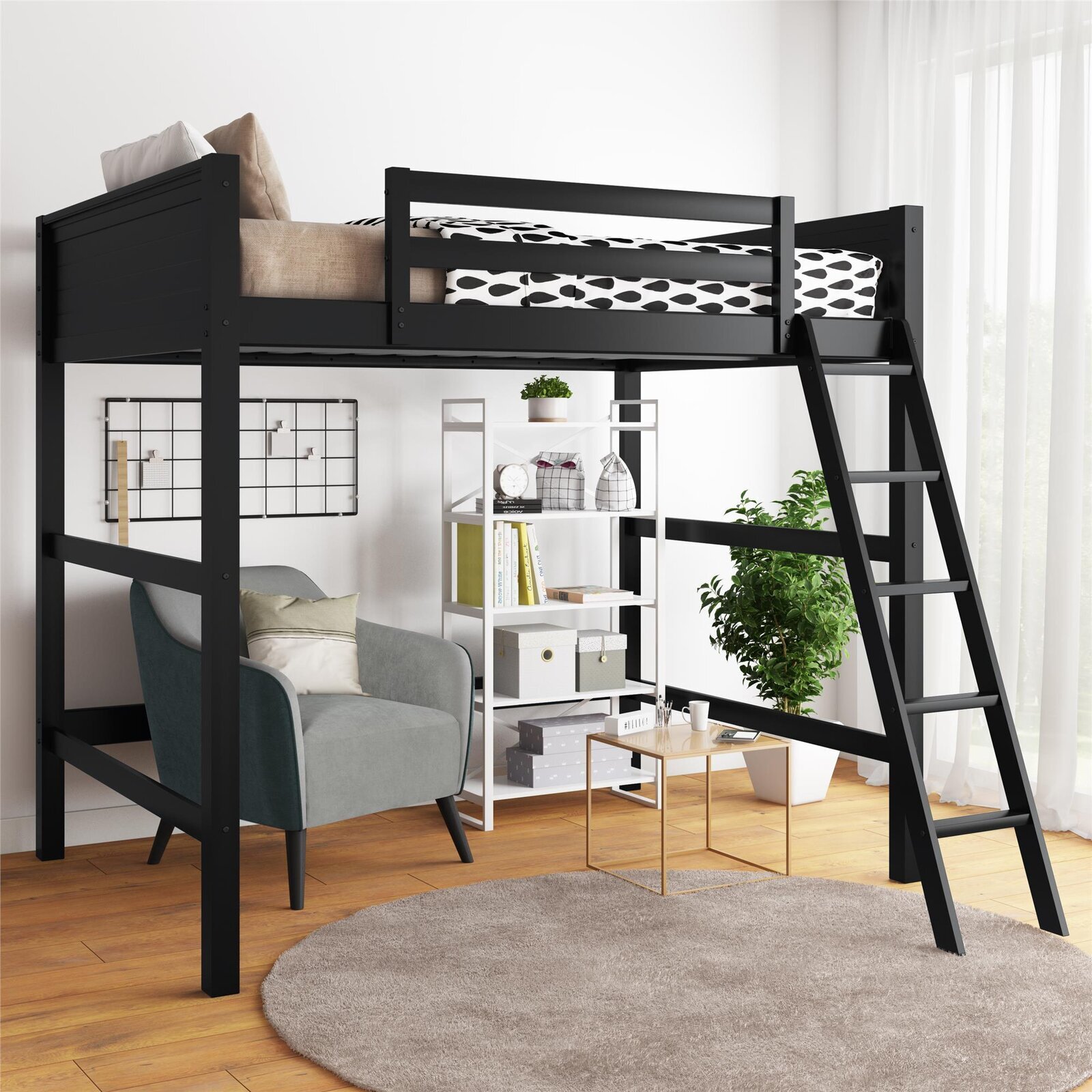 Wood DIY Full Loft Bed with Desk Space with Angled Built in Ladder