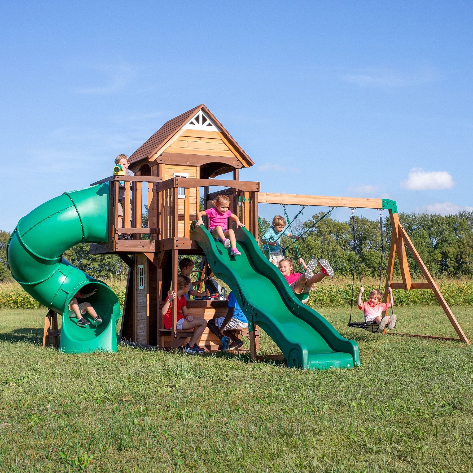 Wooden Playhouse with Slides and Swings