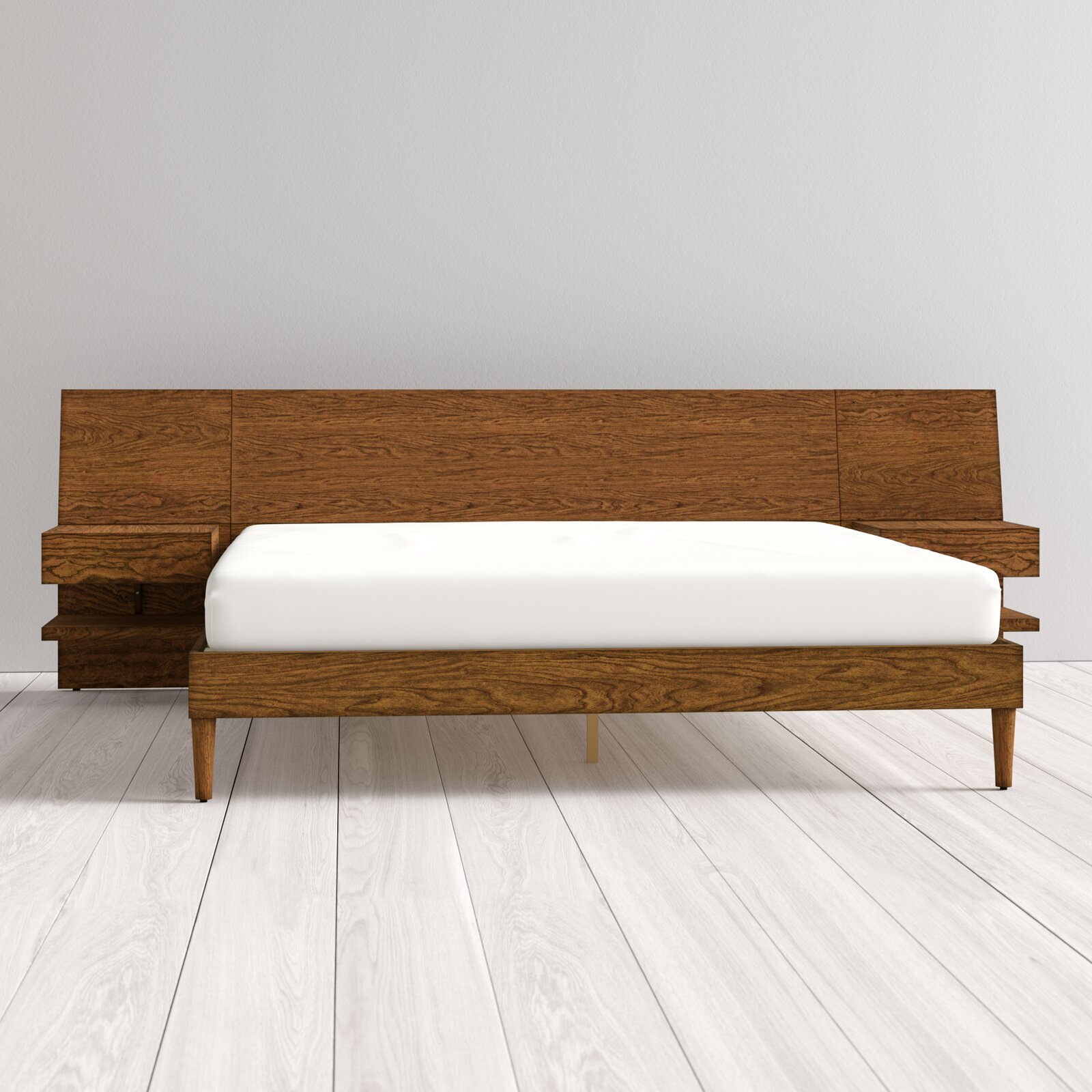 Wooden T frame Headboard with Shelves and Nightstands