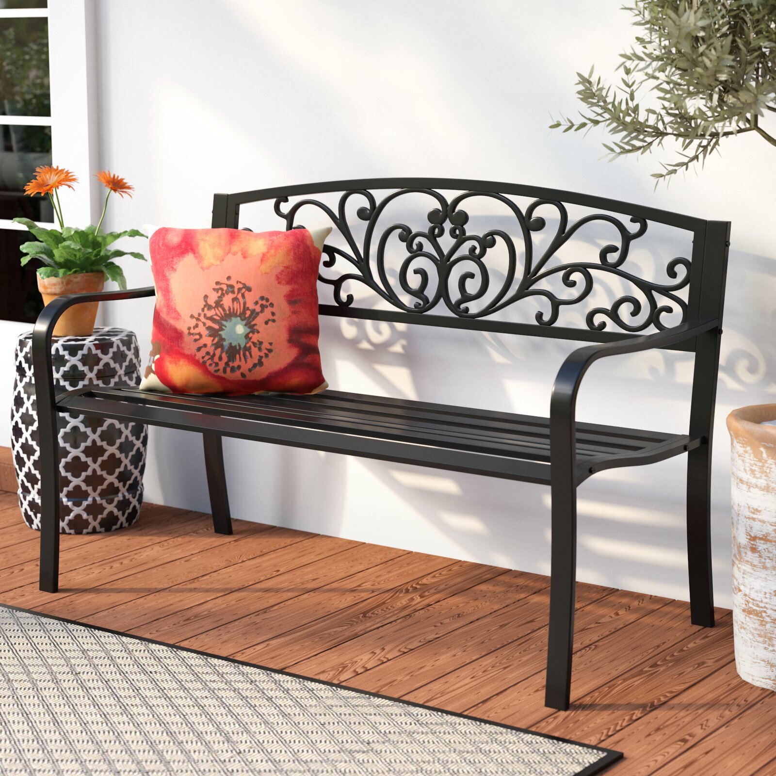 Wrought Iron Garden Bench With Scrolled Backrest