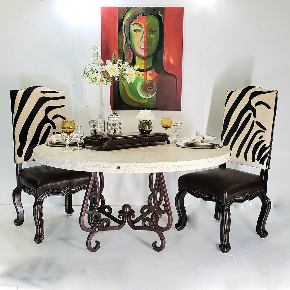 Wrought Iron Pedestal Dining Table with Chiseled Marble Top